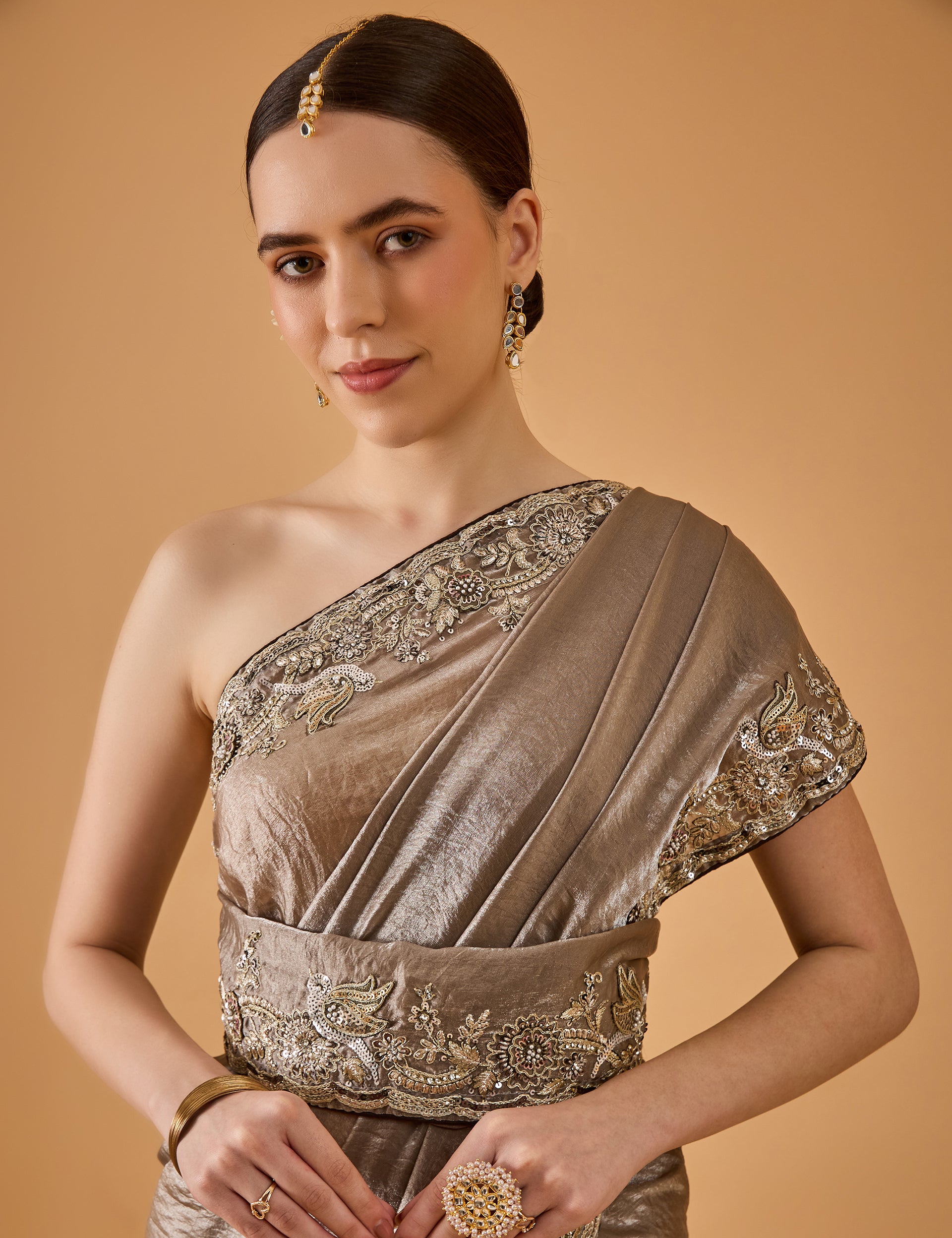 dhartii  Metallic Grey Grace Embroidered Silk Tissue Saree