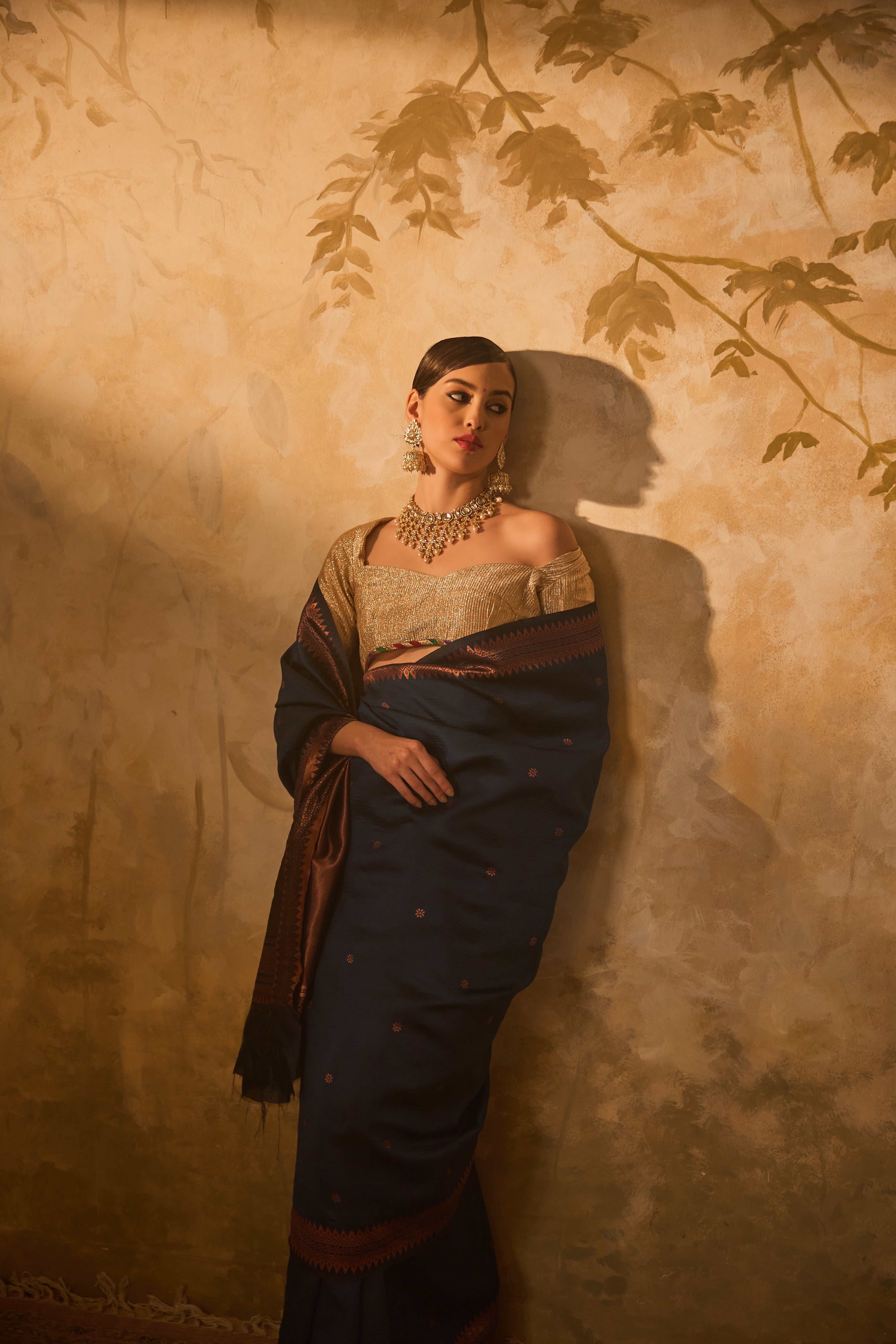 Navy Blue Kanjivaram Silk Saree With Copper Zari Work