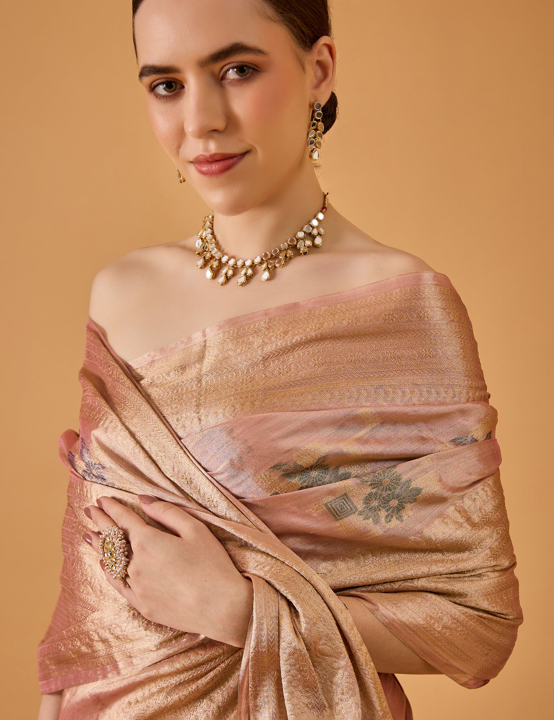 dhartii  Metallic Blush Pink Jacquard Silk Blend Saree