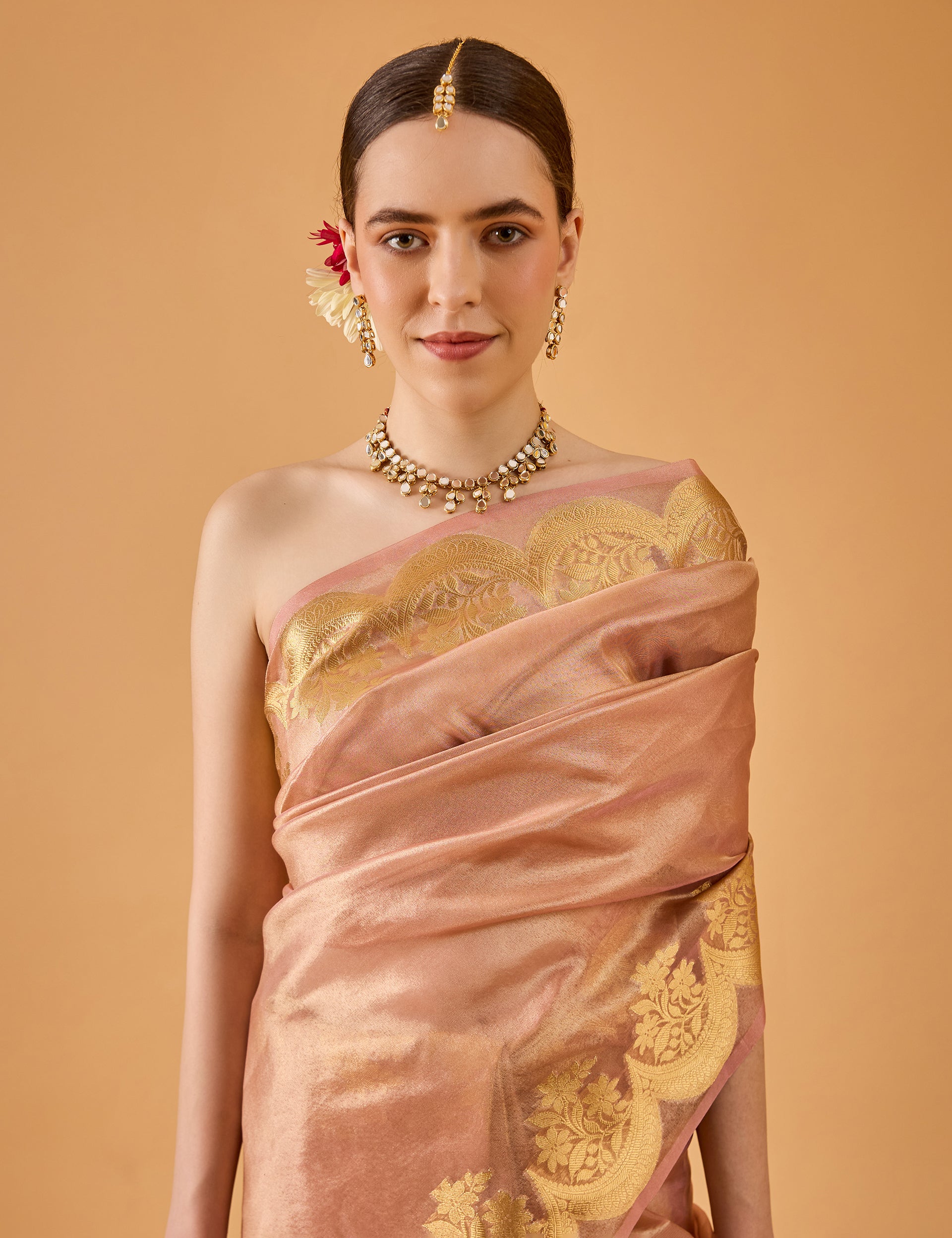 dhartii  Metallic Peach Jacquard Silk Tissue Saree