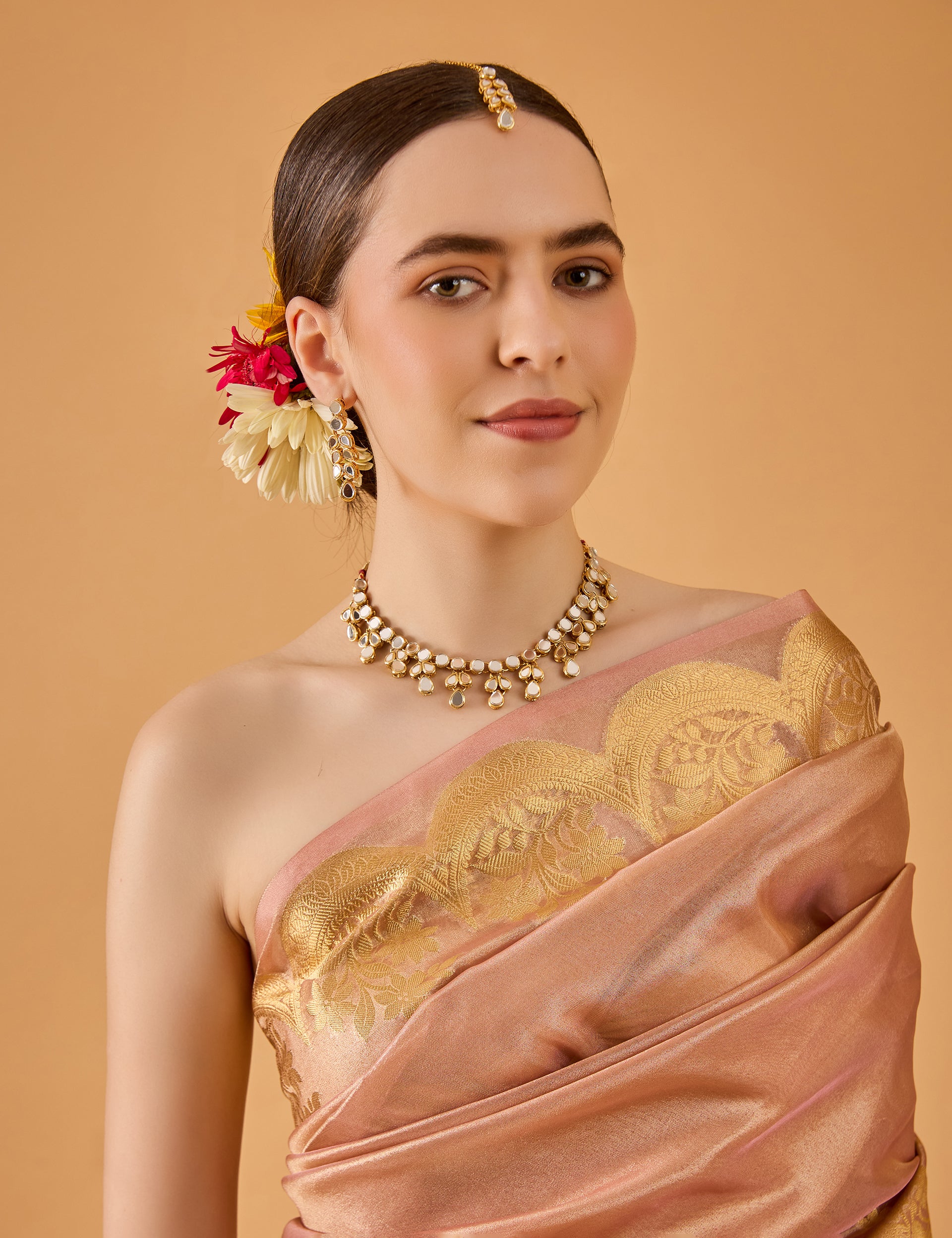 dhartii  Metallic Peach Jacquard Silk Tissue Saree