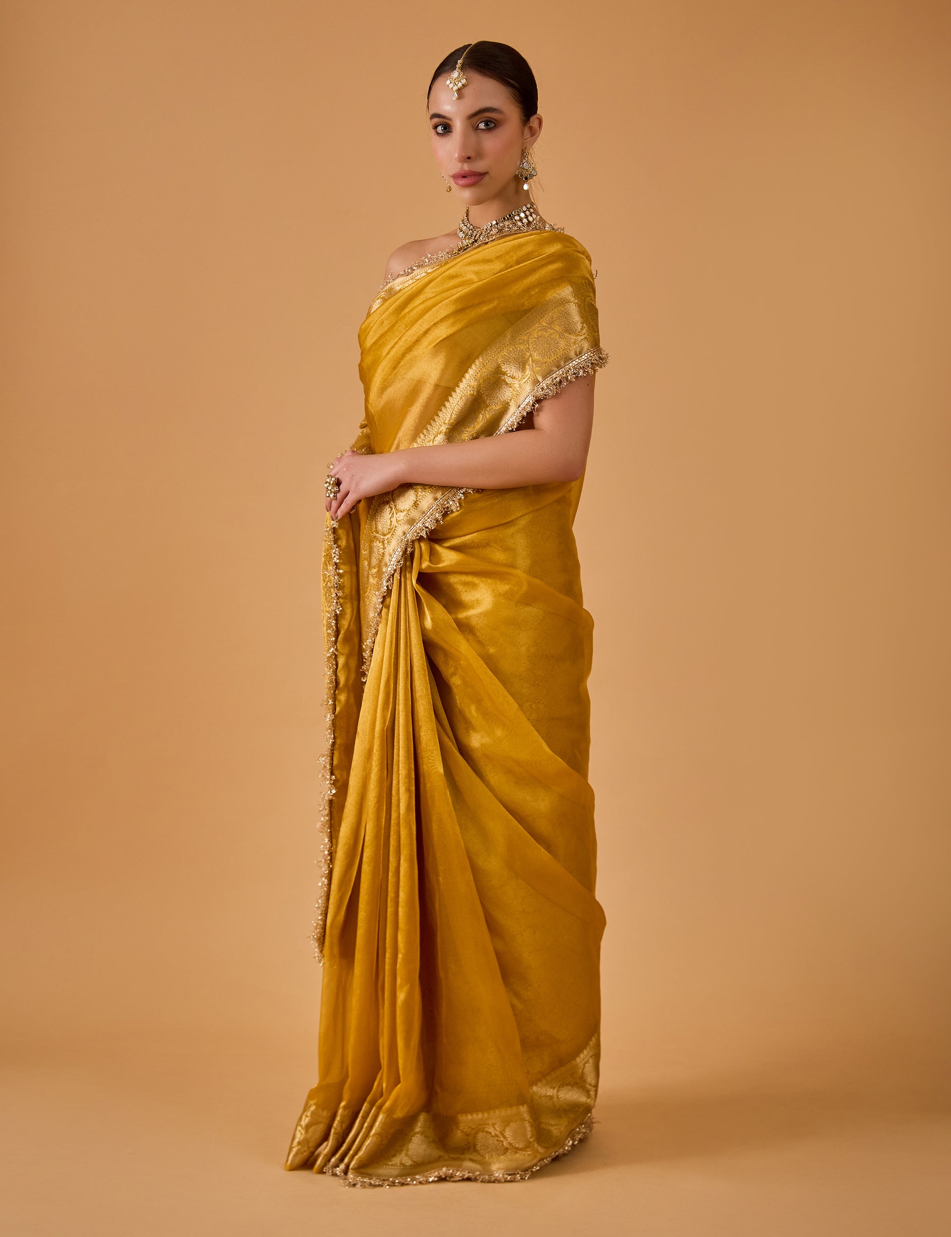 dhartii  Golden Yellow Jacquard Solid Silk Blend Saree
