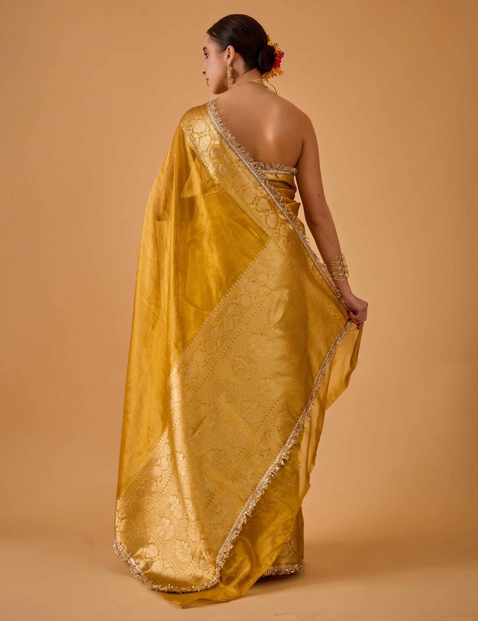 dhartii  Golden Yellow Jacquard Solid Silk Blend Saree