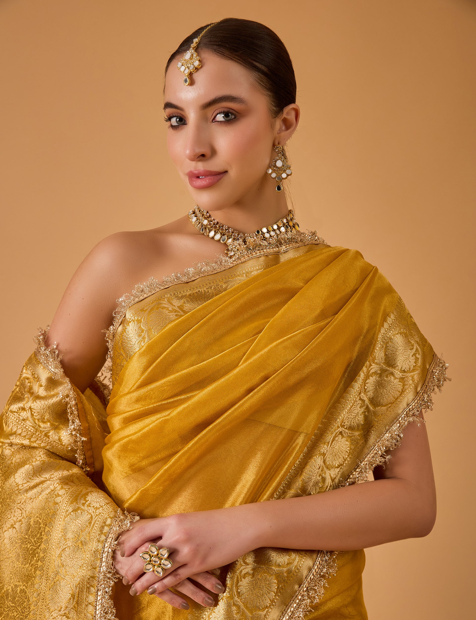 dhartii  Golden Yellow Jacquard Solid Silk Blend Saree