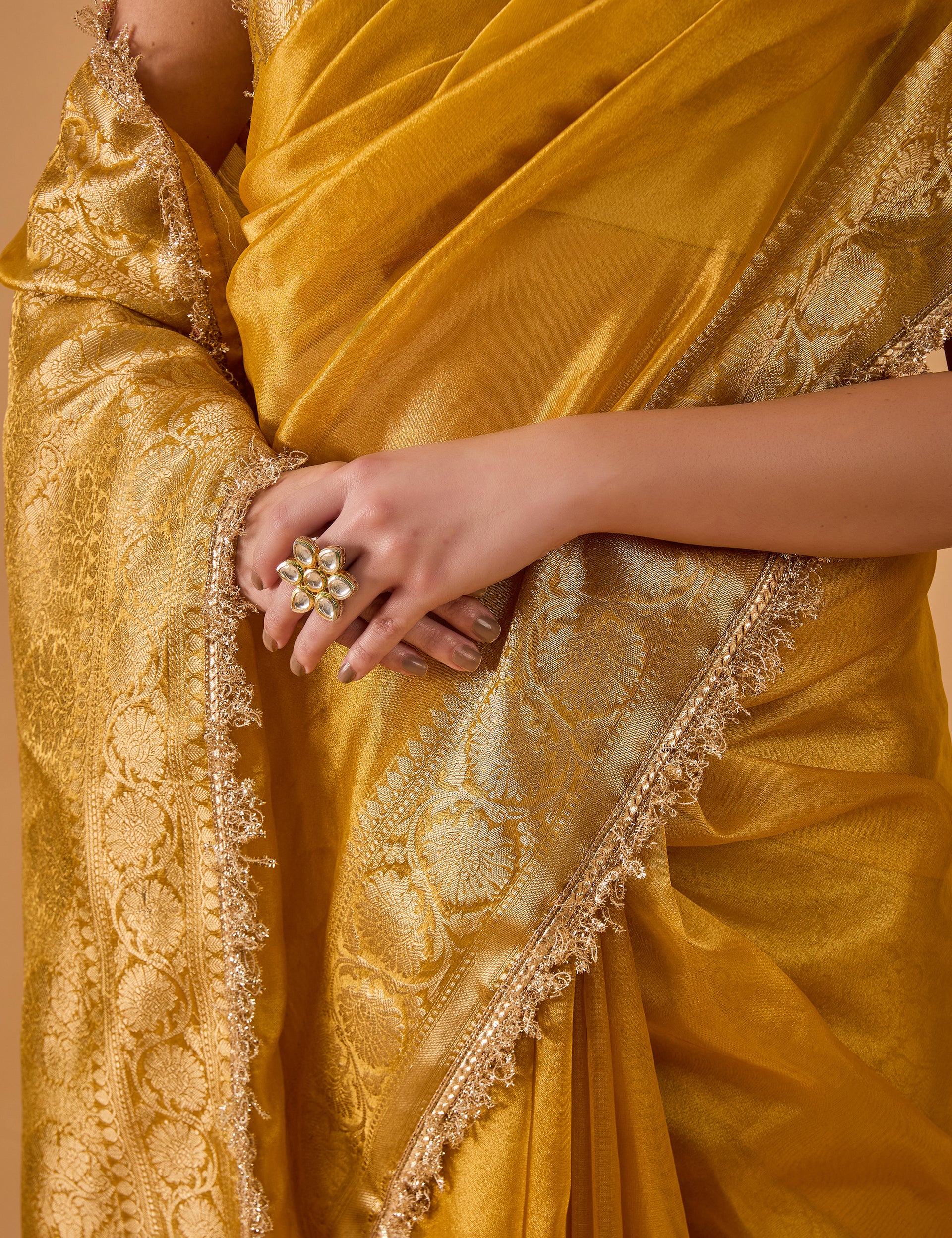 dhartii  Golden Yellow Jacquard Solid Silk Blend Saree