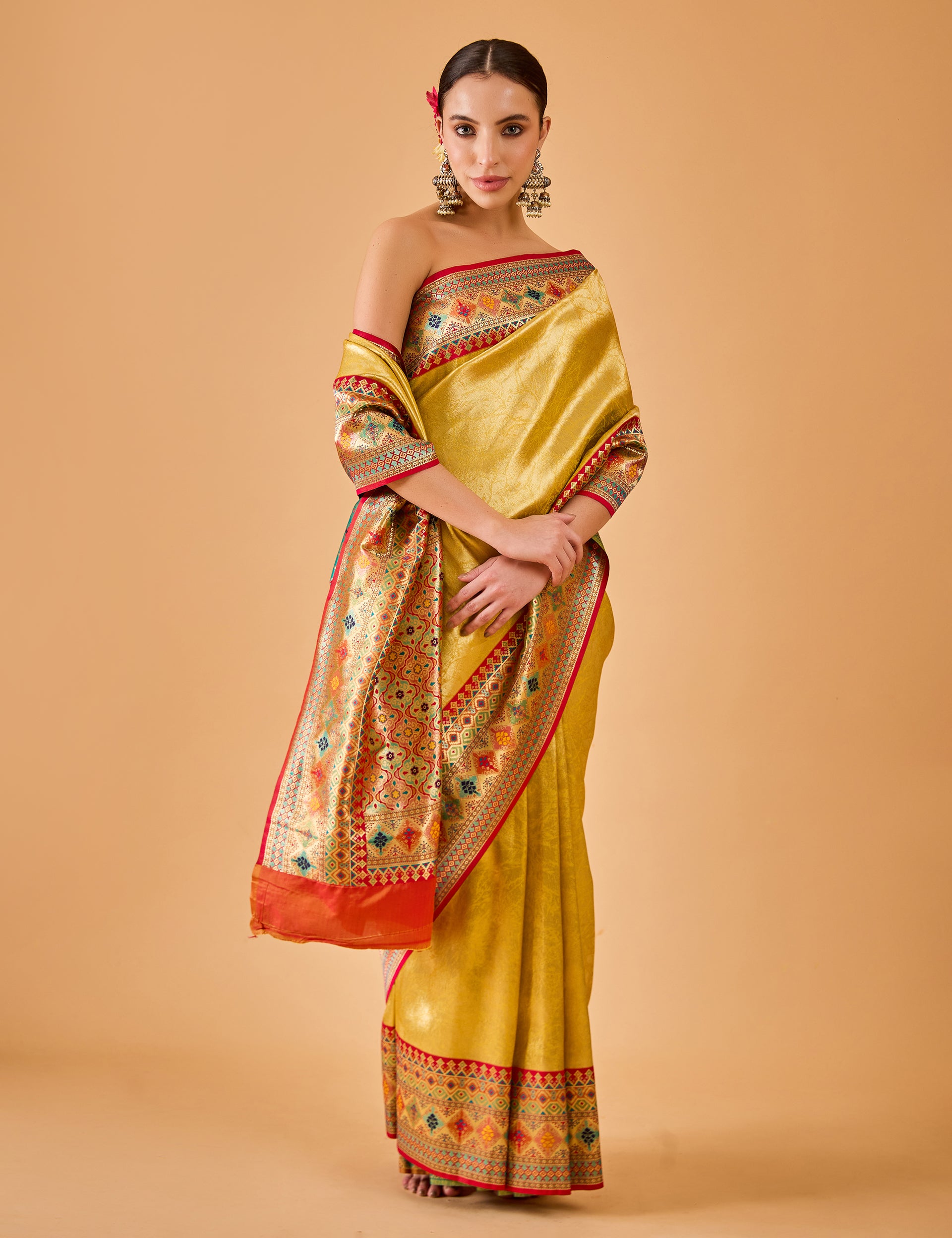 dhartii  Sunshine Yellow Jacquard Solid Silk Blend Saree