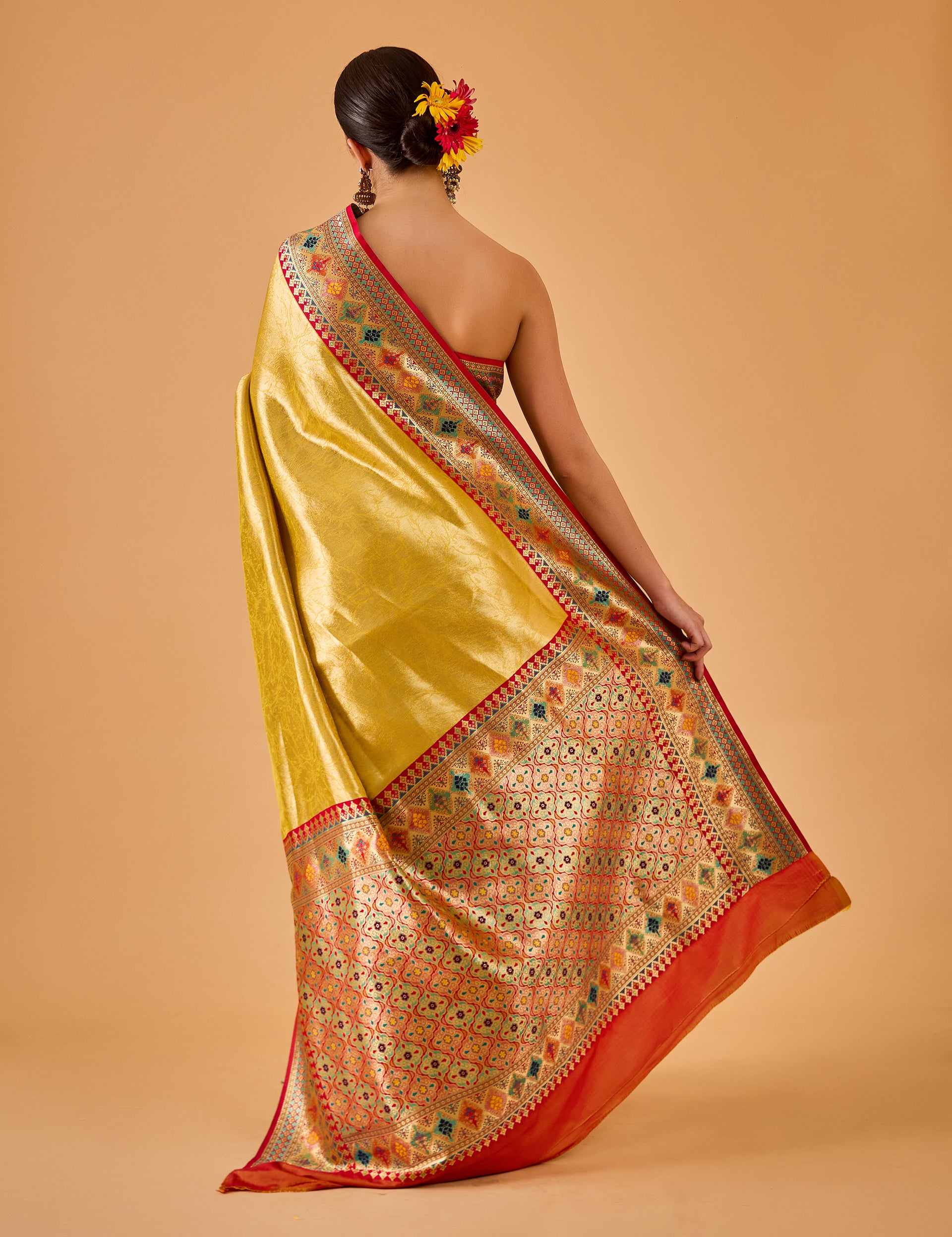 dhartii  Sunshine Yellow Jacquard Solid Silk Blend Saree