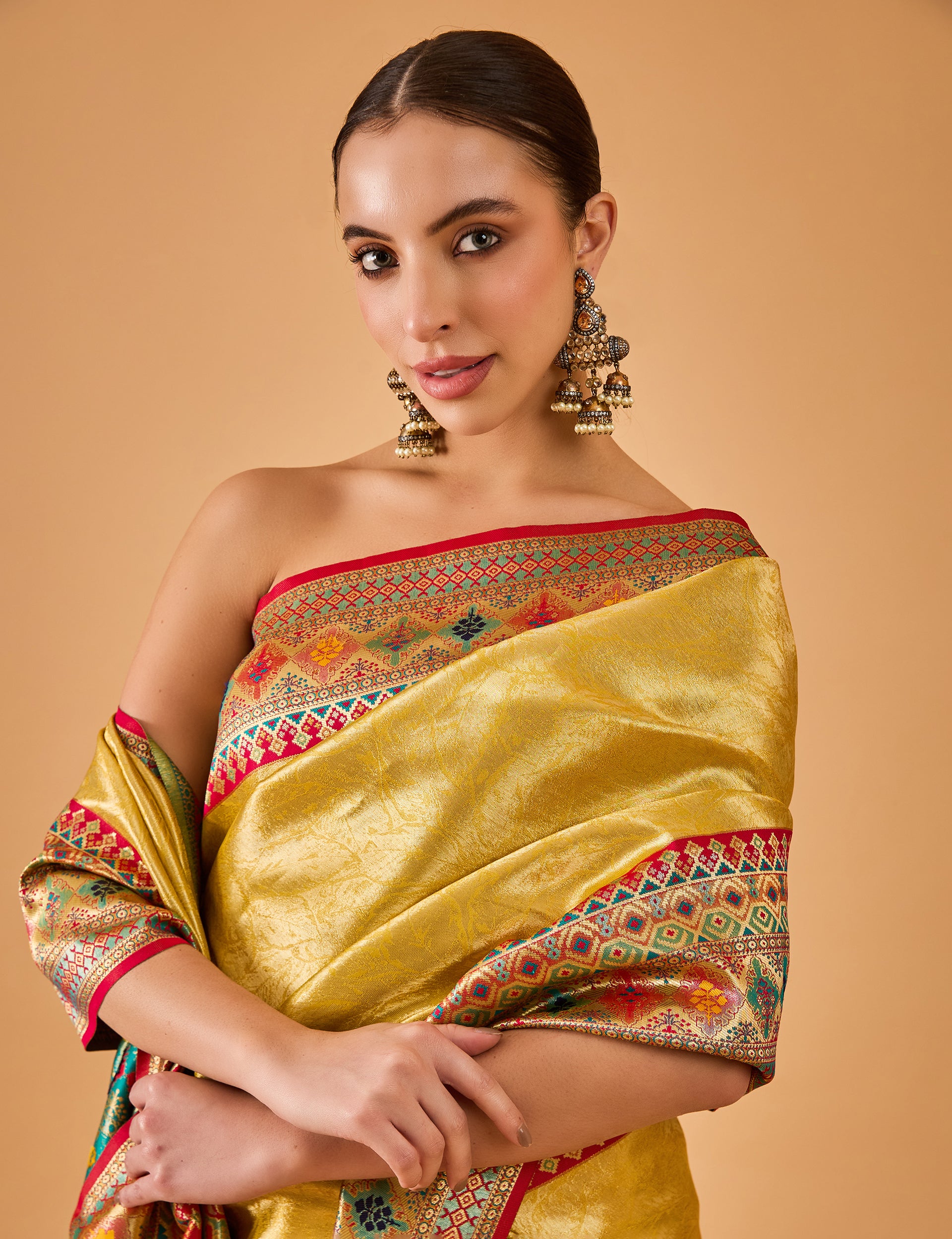 dhartii  Sunshine Yellow Jacquard Solid Silk Blend Saree