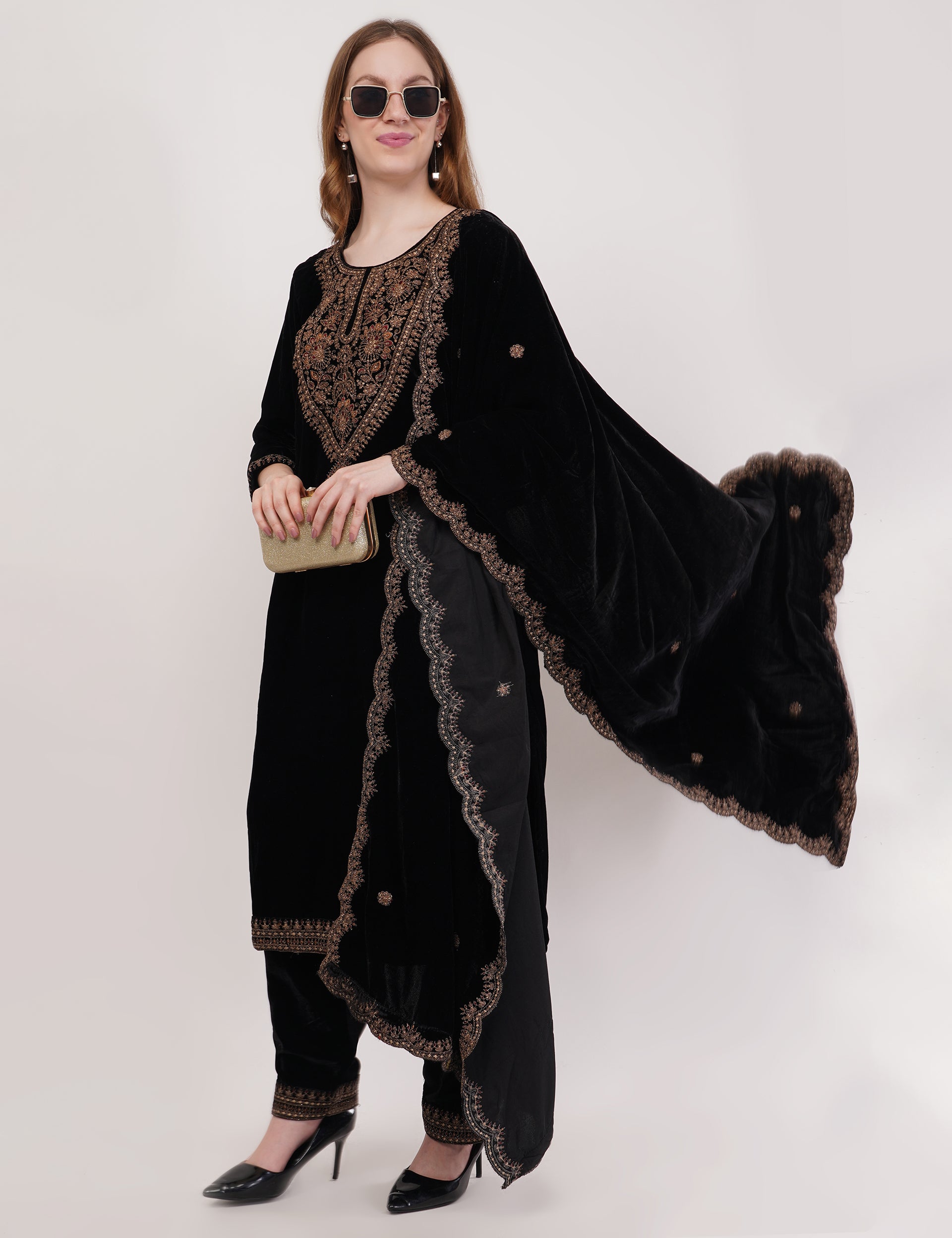 Black Velvet With Coding Embroidery Work - Set Of 3