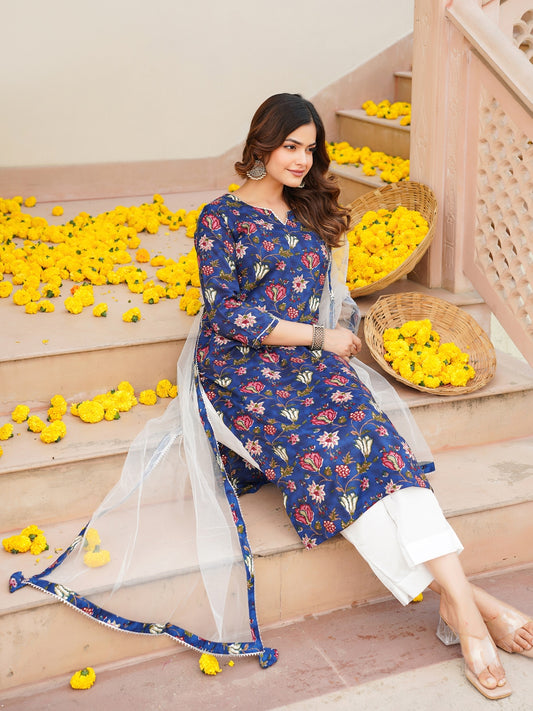 Blue Rayon Blend Printed Kurta Pant With Dupatta