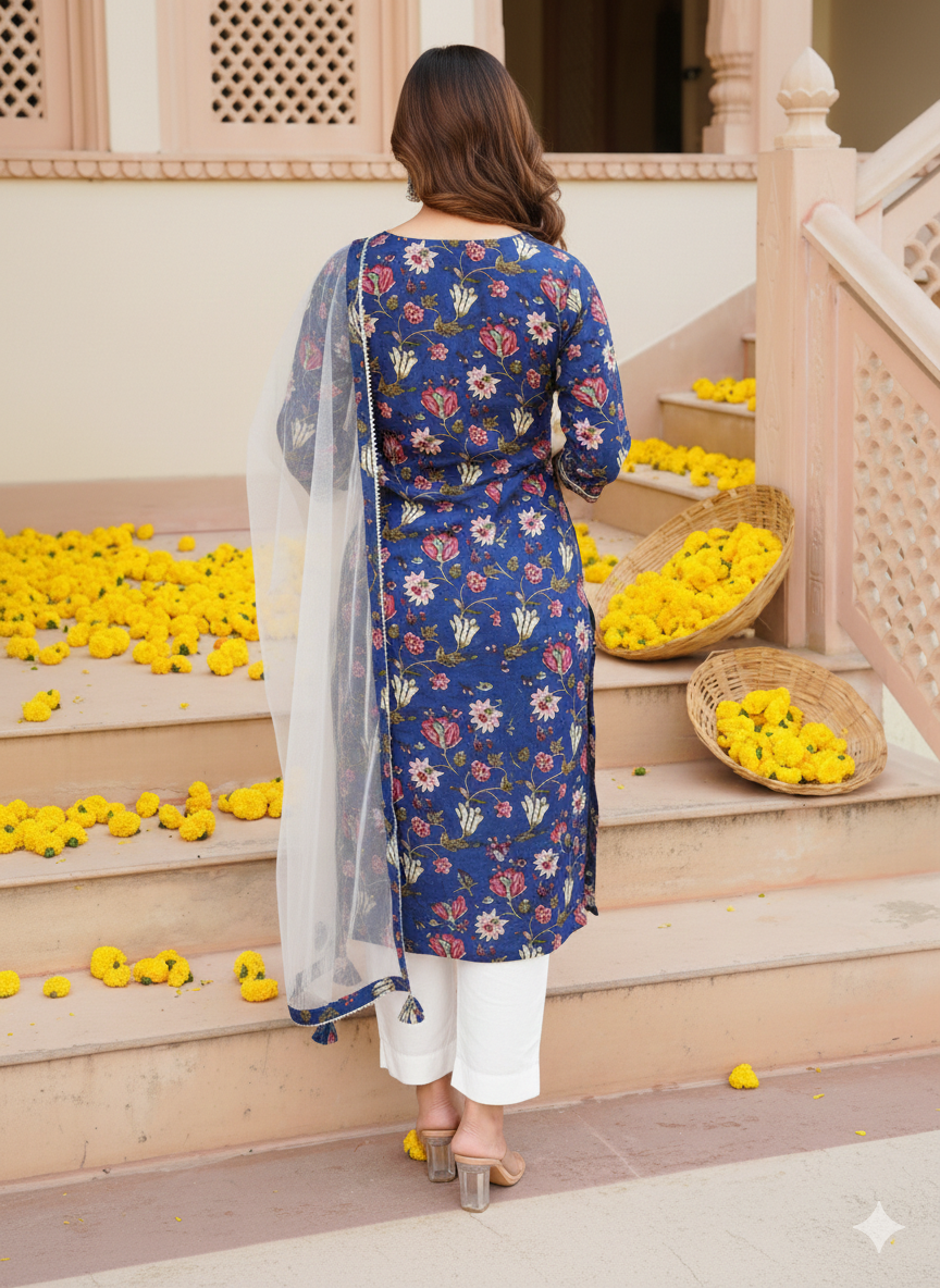 Blue Rayon Blend Printed Kurta Pant With Dupatta