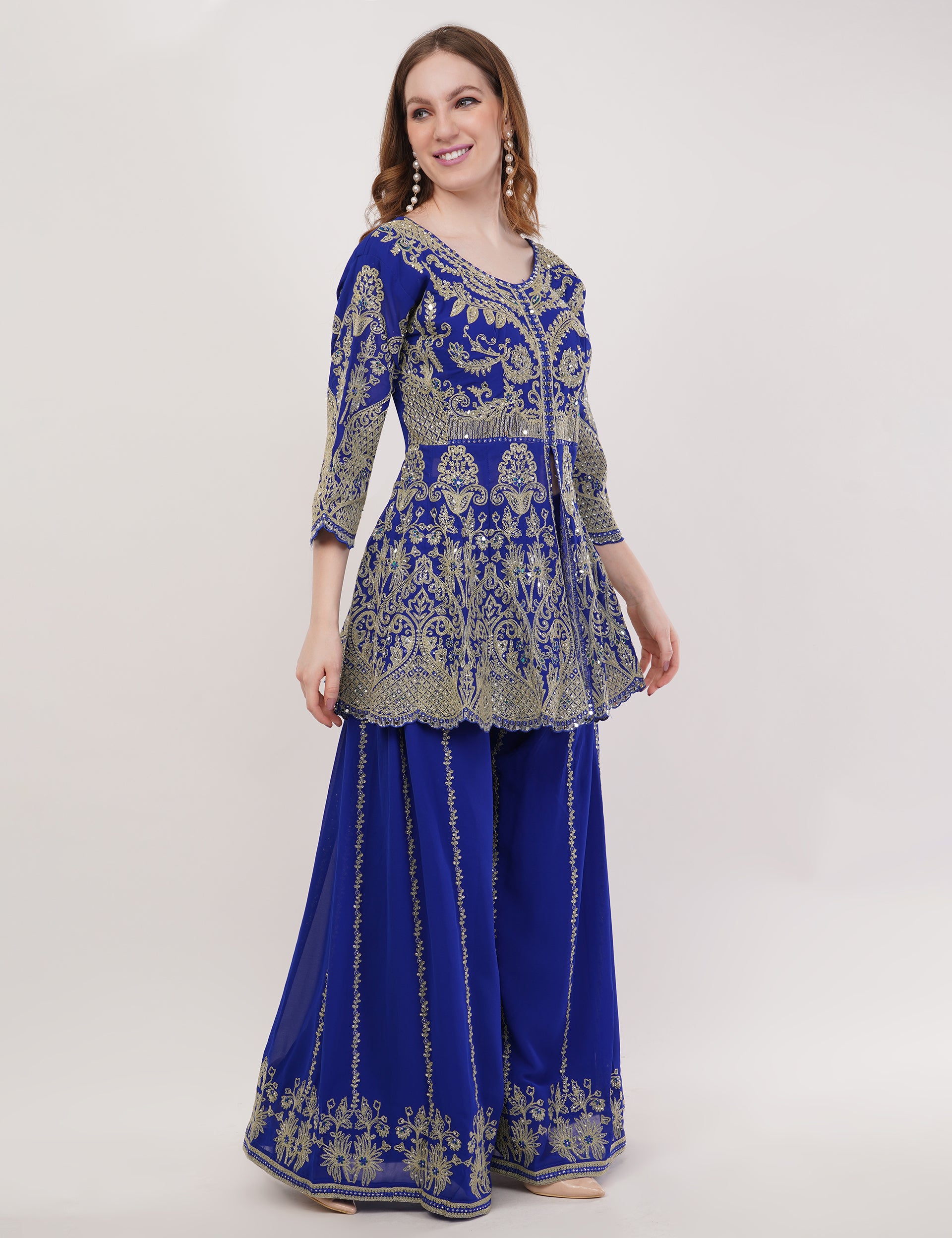 Blue Embroidered Peplum Suit Set With Flared Pants & Dupatta - Set Of 3