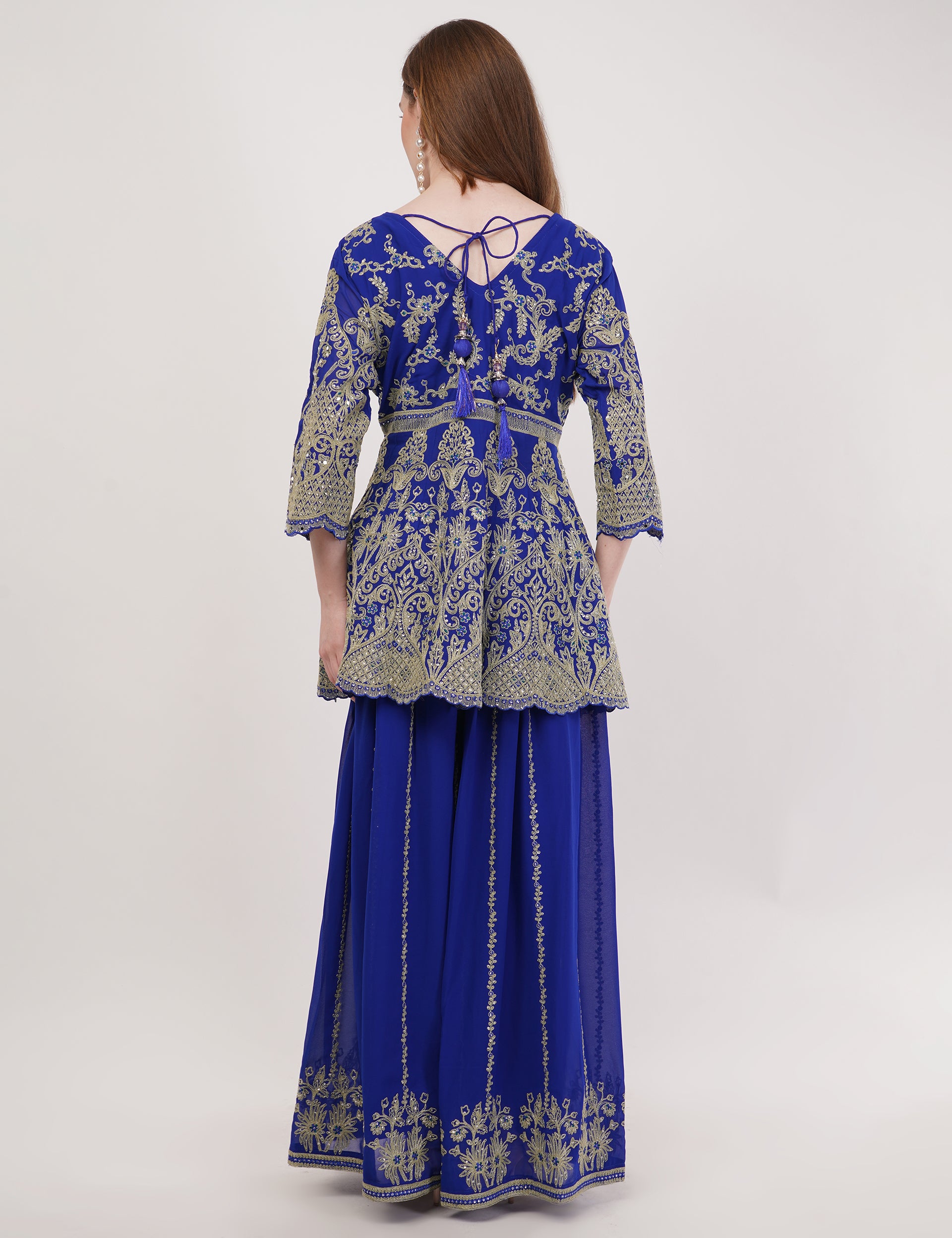 Blue Embroidered Peplum Suit Set With Flared Pants & Dupatta - Set Of 3