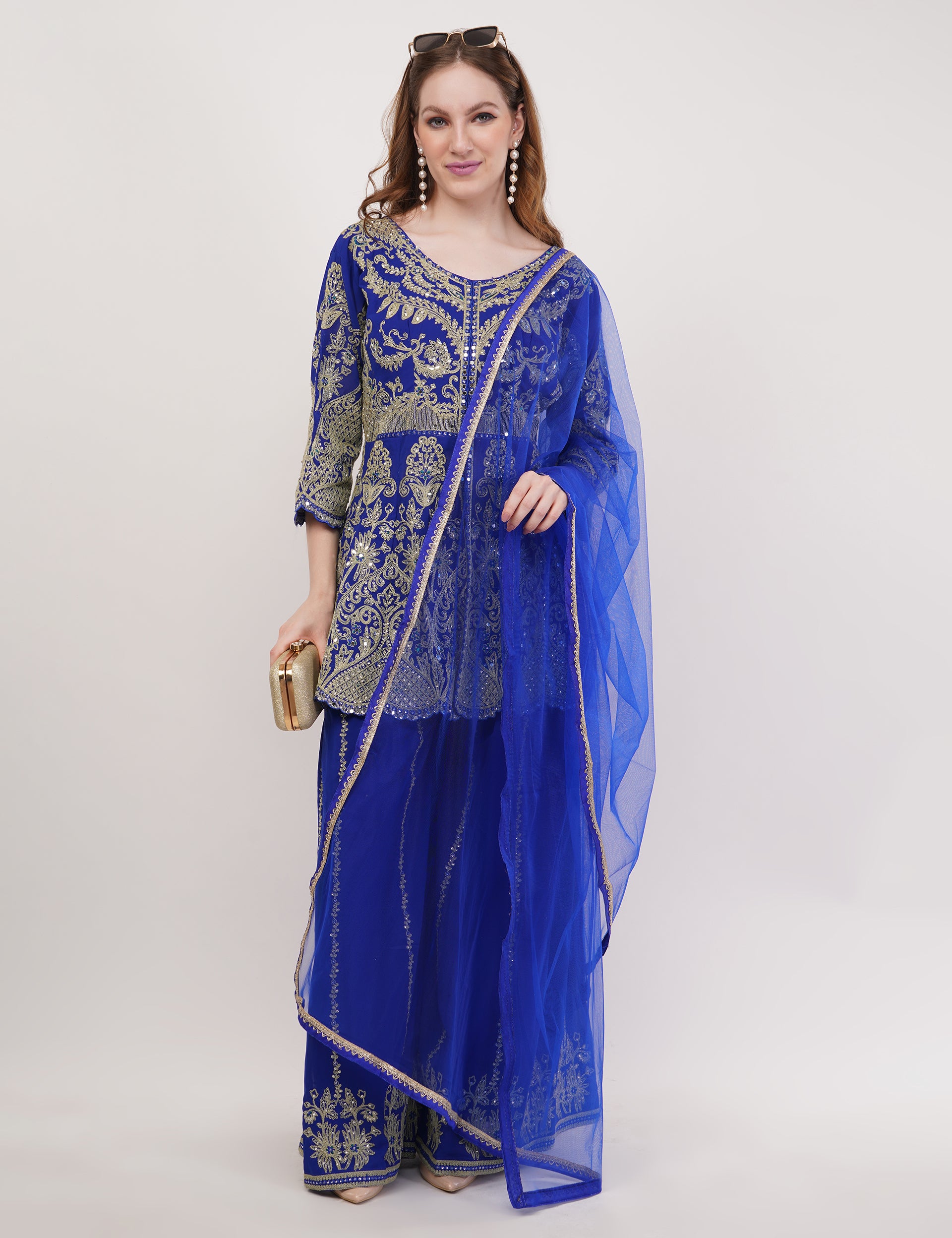 Blue Embroidered Peplum Suit Set With Flared Pants & Dupatta - Set Of 3