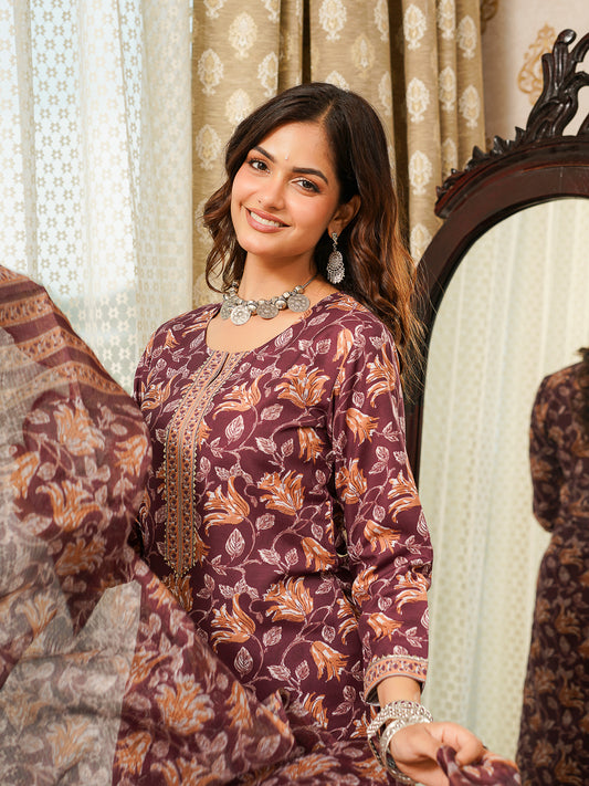 Brown Cotton Blend Floral Printed Straight Kurta Trousers With Dupatta