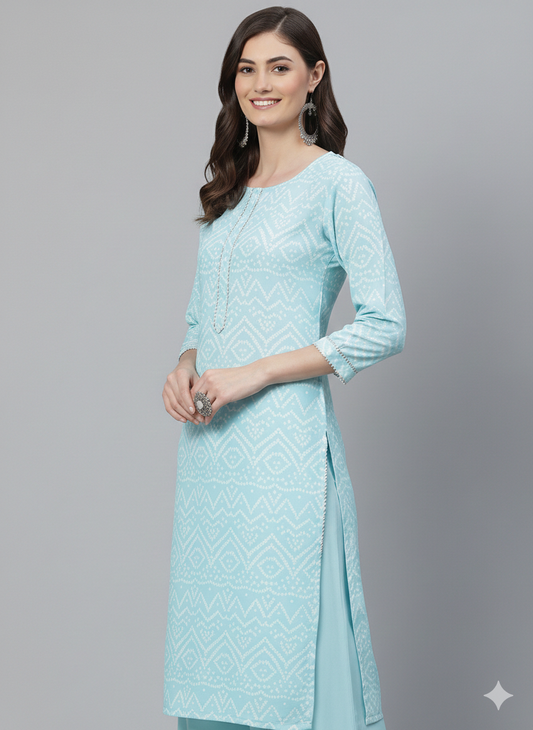 Blue Crepe Bandhani Printed Straight Kurta Set