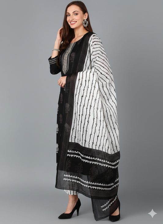Black & White Printed Rayon Blend Kurta with Trousers & Dupatta