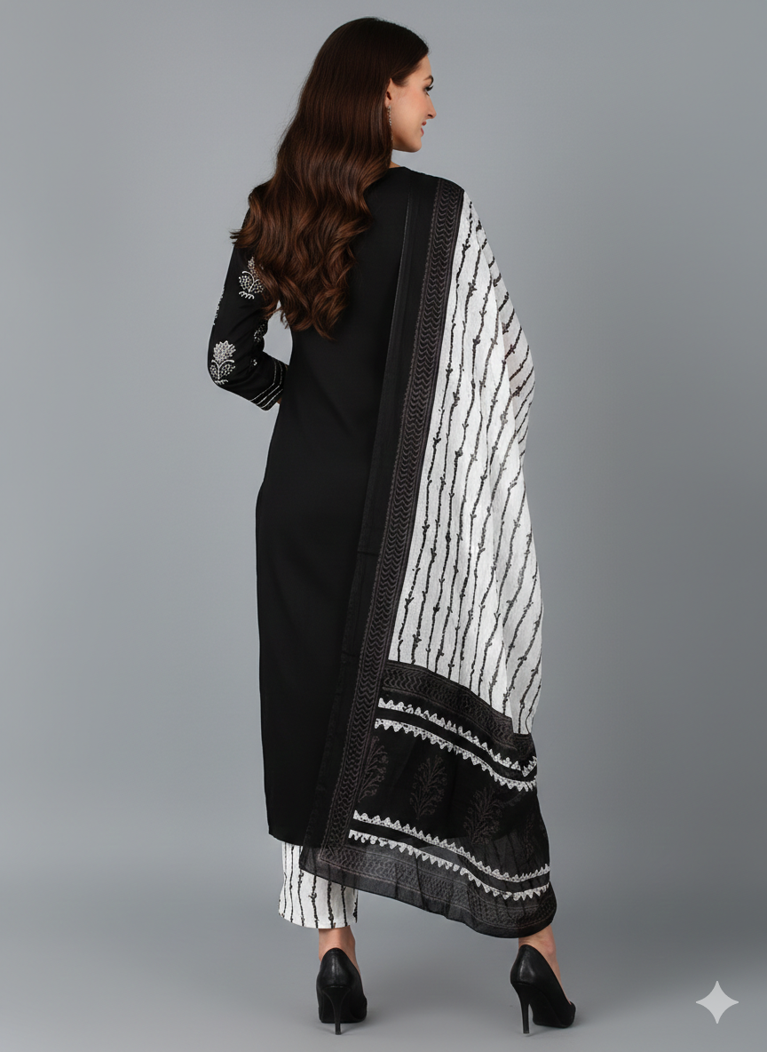 Black & White Printed Rayon Blend Kurta with Trousers & Dupatta