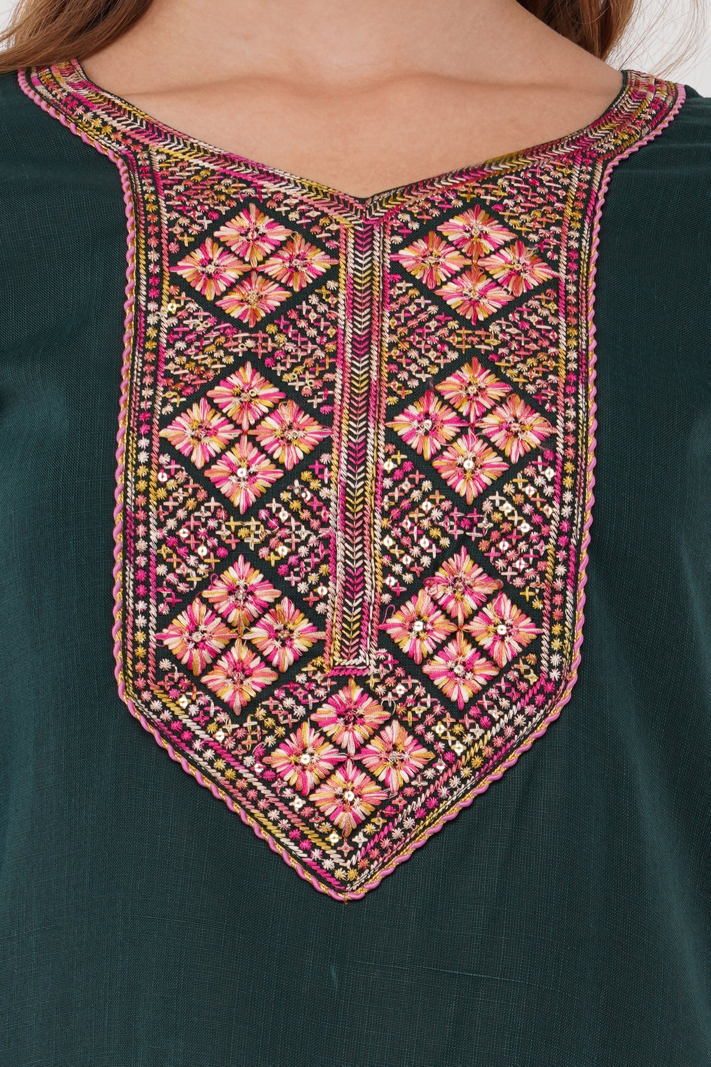 Dark Green Cotton Fabric Suit Set With Embroidered Yoke - Set Of 3