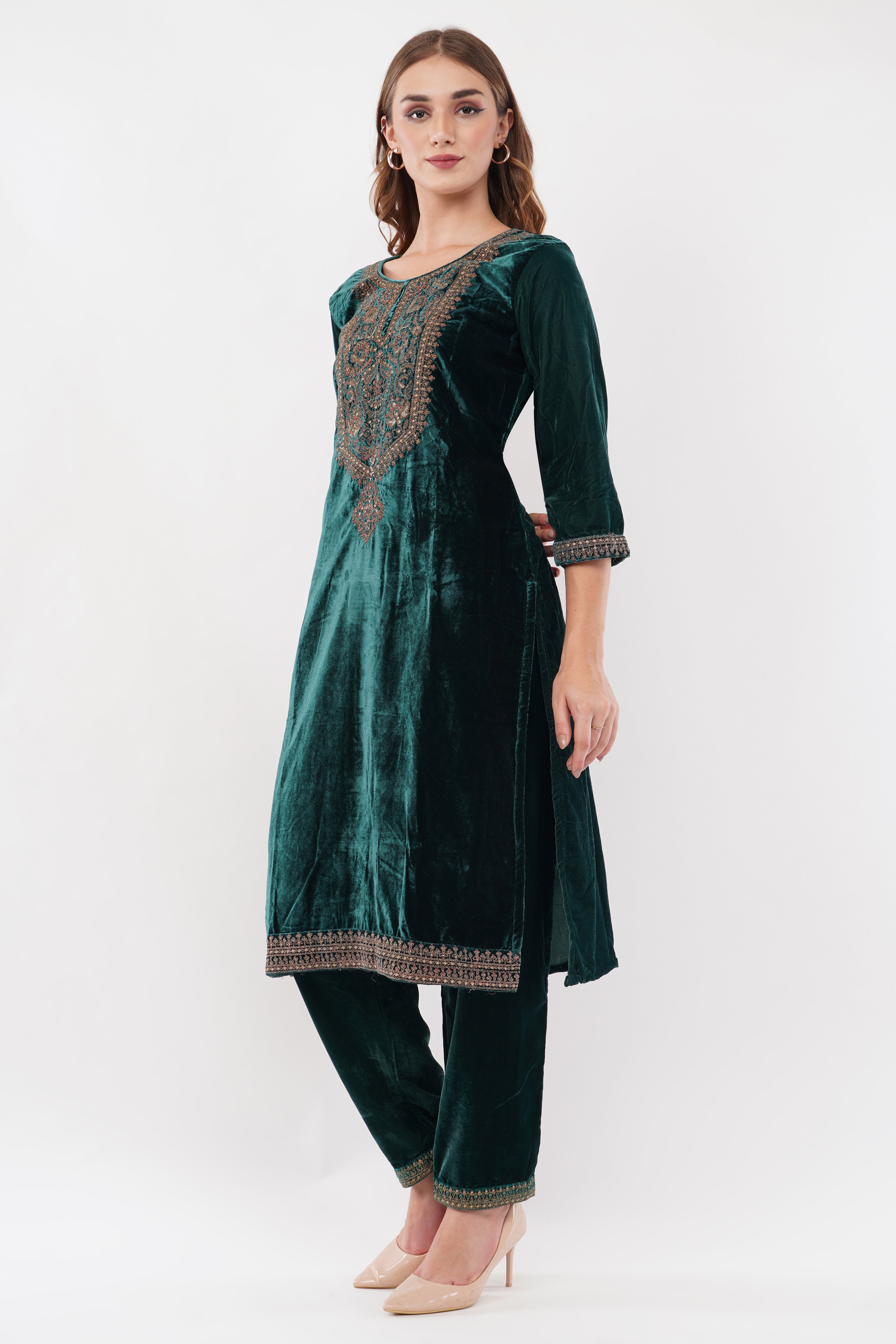Dark Green Velvet With Coding Embroidery Work - Set Of 3