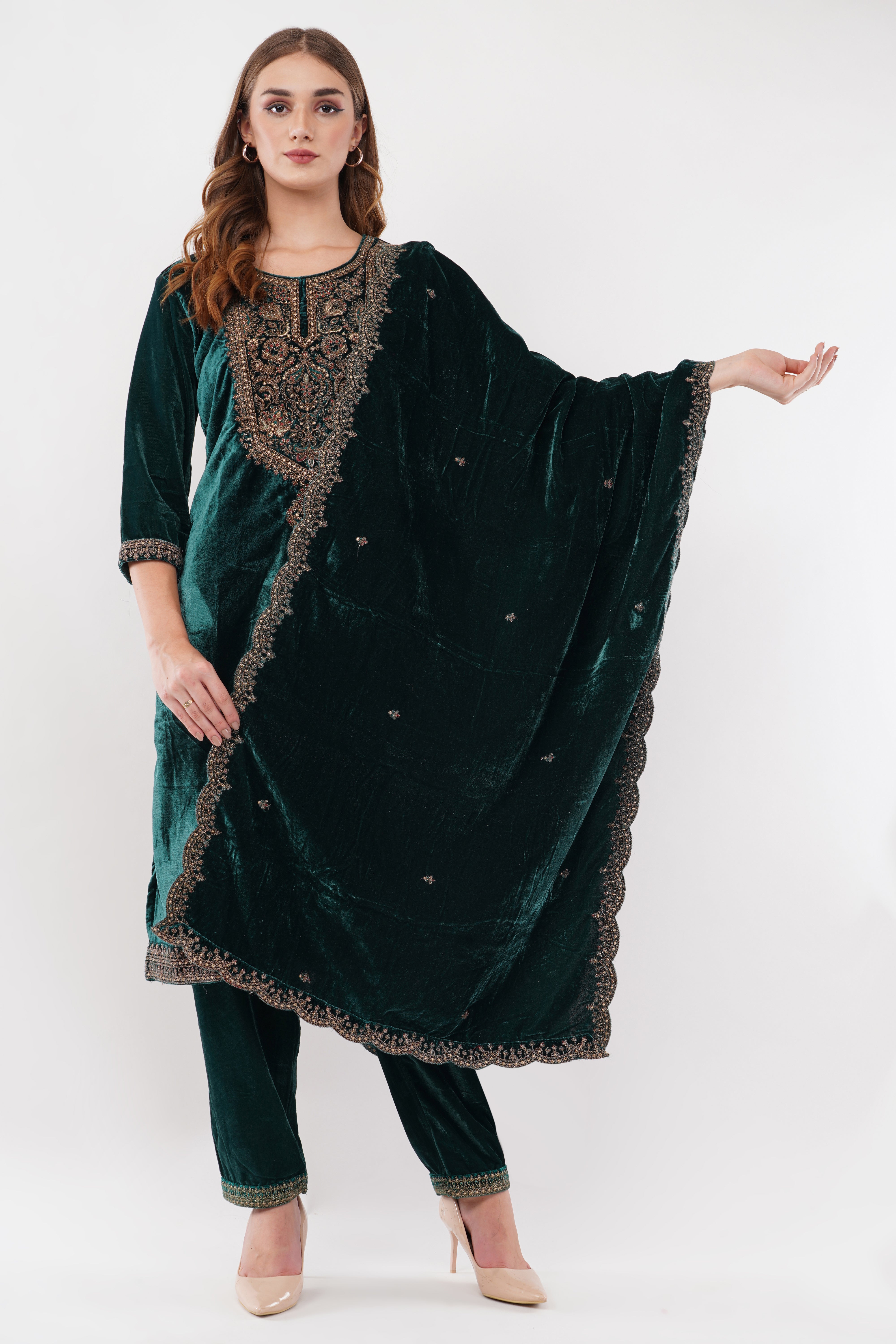 Dark Green Velvet With Coding Embroidery Work - Set Of 3