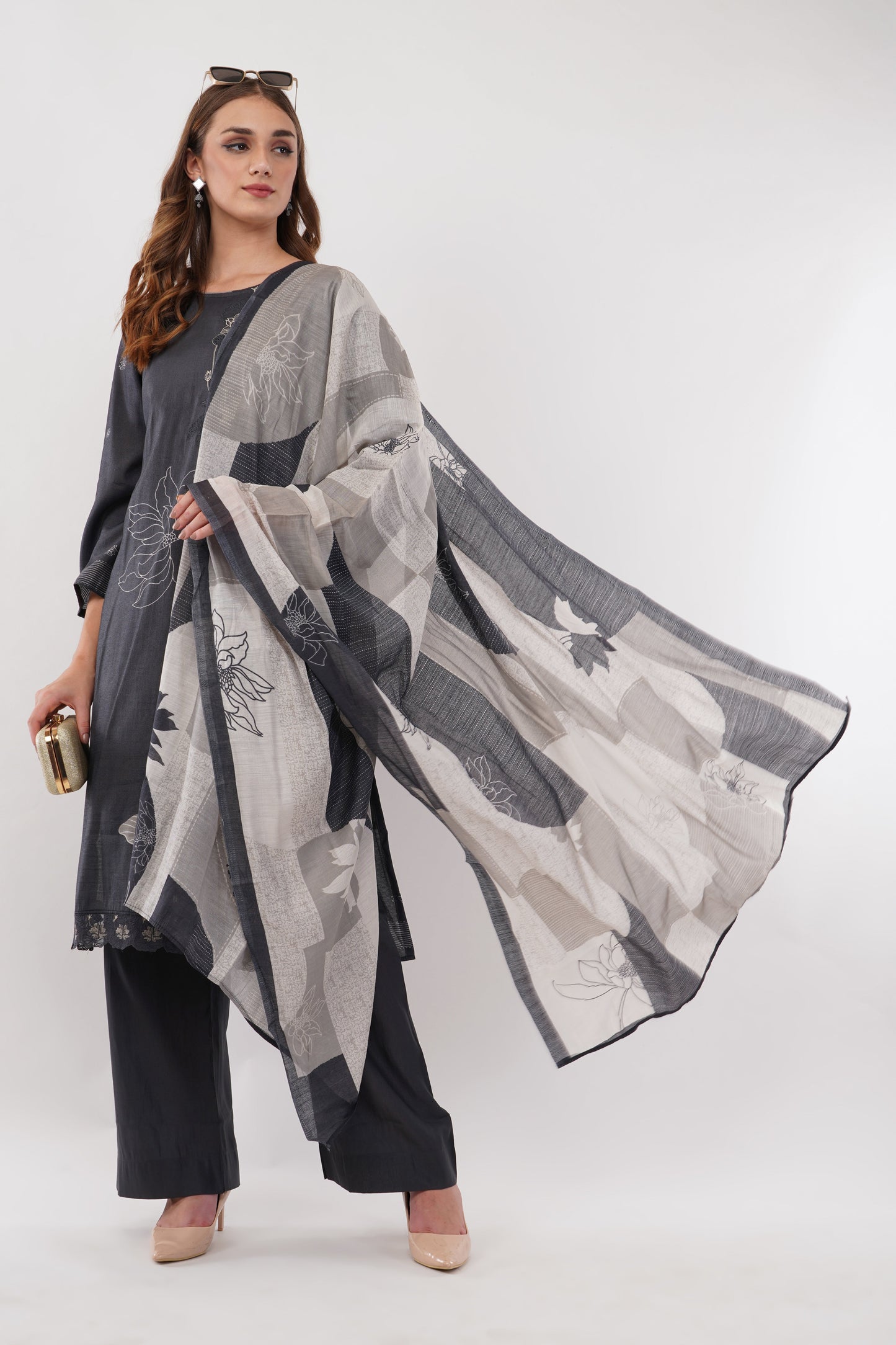 Dark Grey Cotton Fabric Suit Set With Embroidered Yoke - Set Of 3