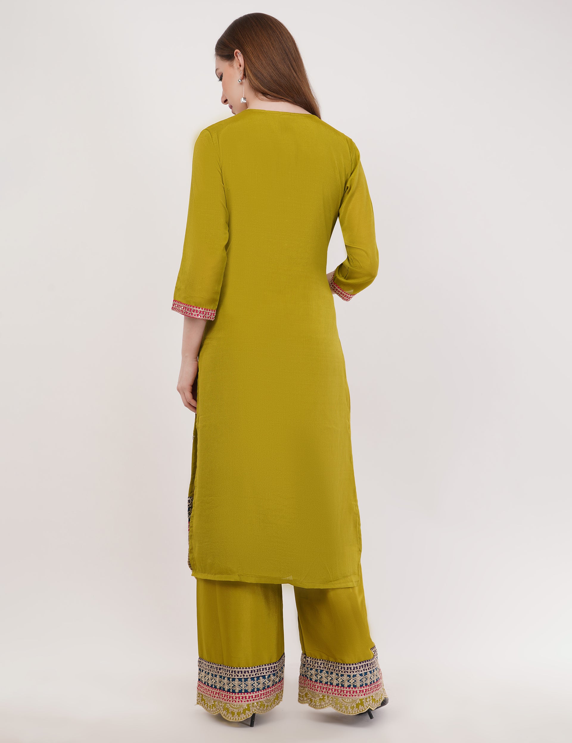 Green Chinon With Emboidery Work Suit - Set Of 3