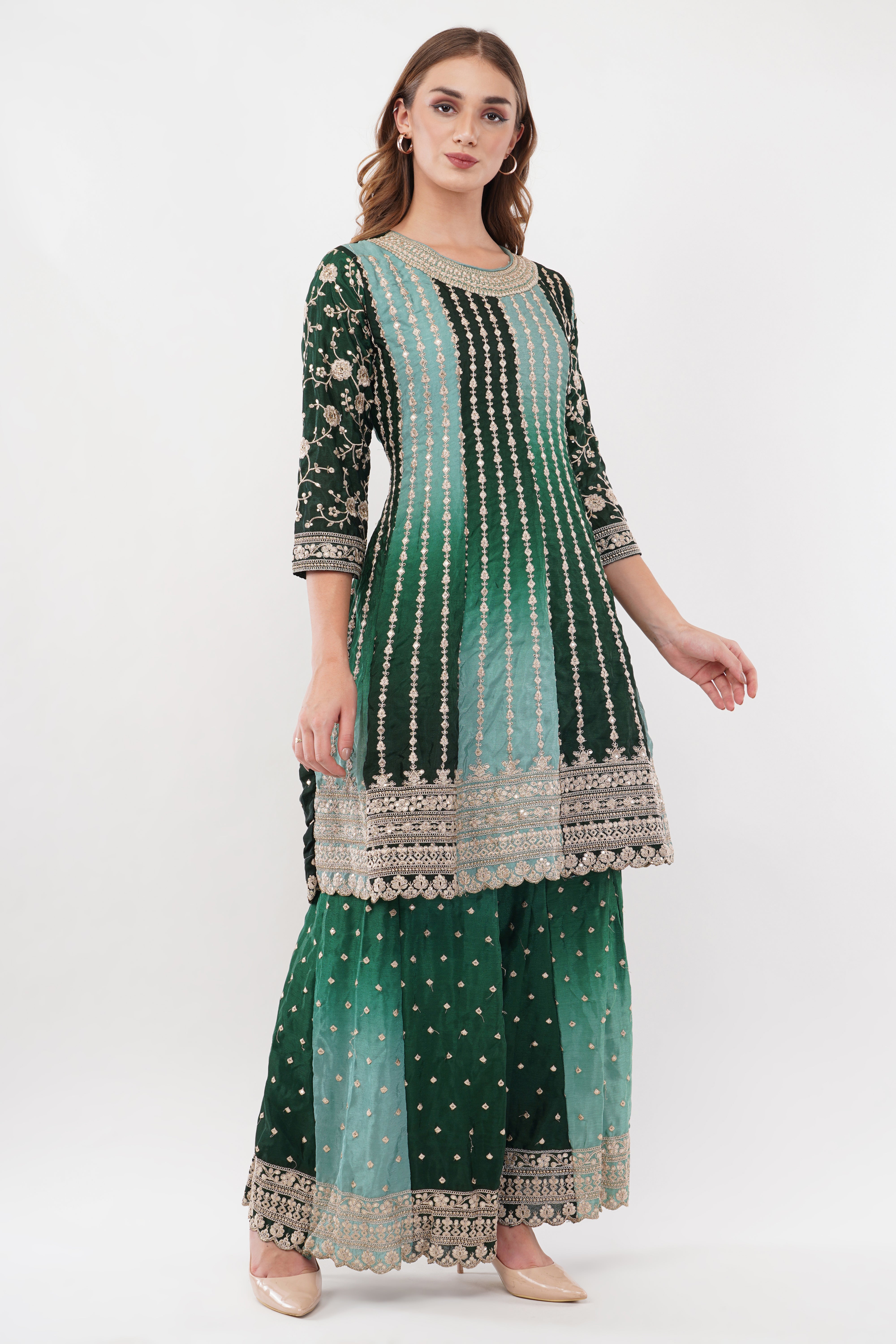 Green Chinon Fabric Embroidered Suit With Flared Pants & Dupatta - Set Of 3