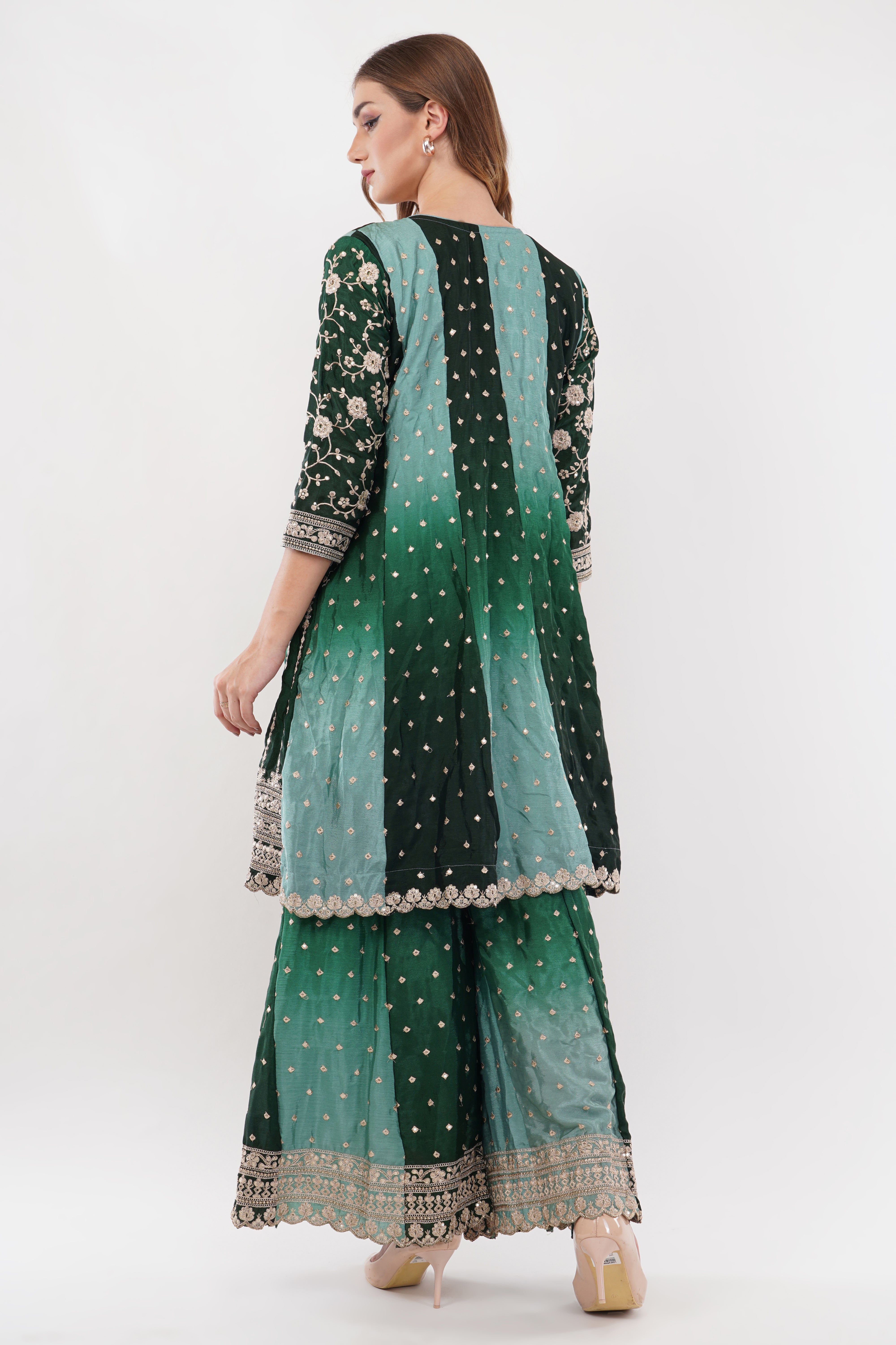 Green Chinon Fabric Embroidered Suit With Flared Pants & Dupatta - Set Of 3