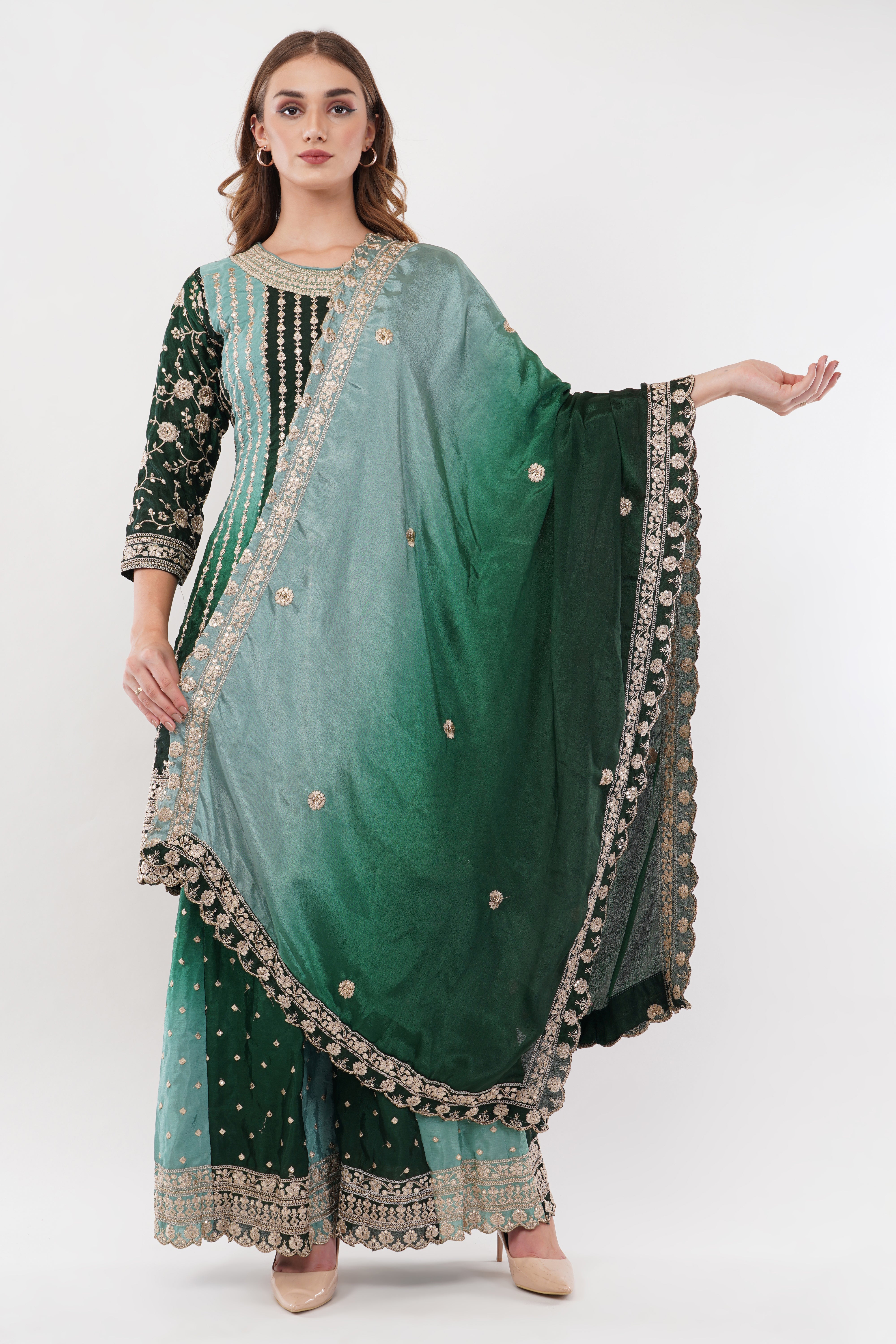 Green Chinon Fabric Embroidered Suit With Flared Pants & Dupatta - Set Of 3