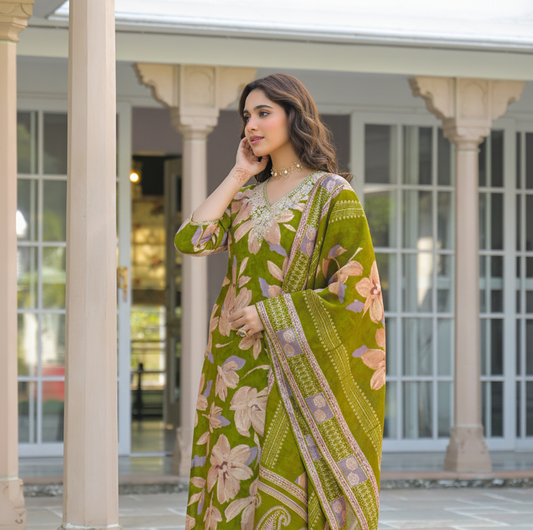 Green Viscose Floral Embroidered Straight Kurta Trousers With Dupatta