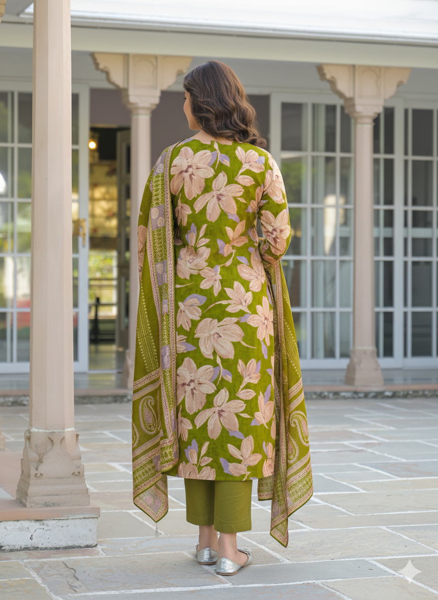 Green Viscose Floral Embroidered Straight Kurta Trousers With Dupatta