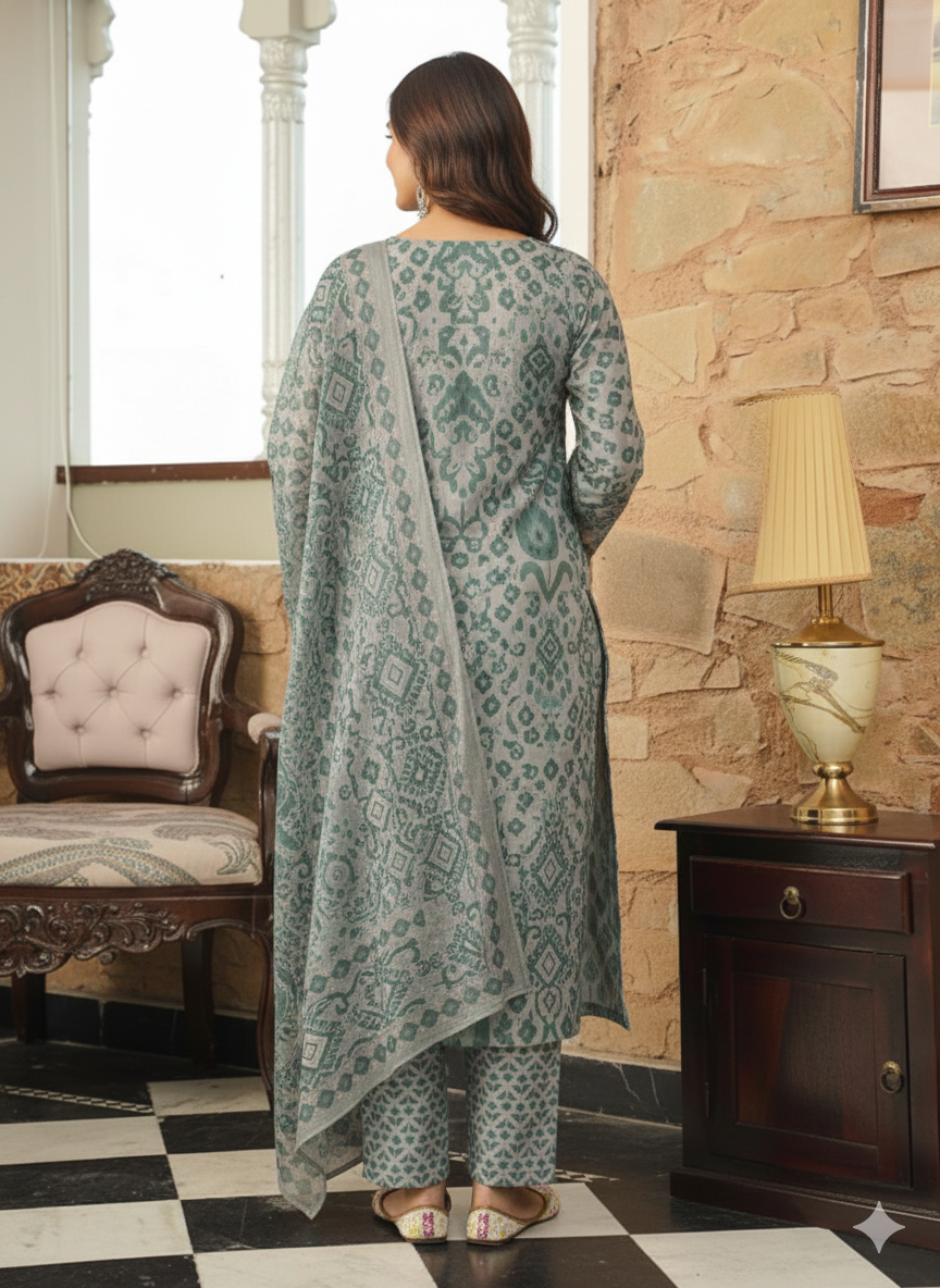 Grey Cotton Blend Ikat Printed Straight Kurta Trousers With Dupatta