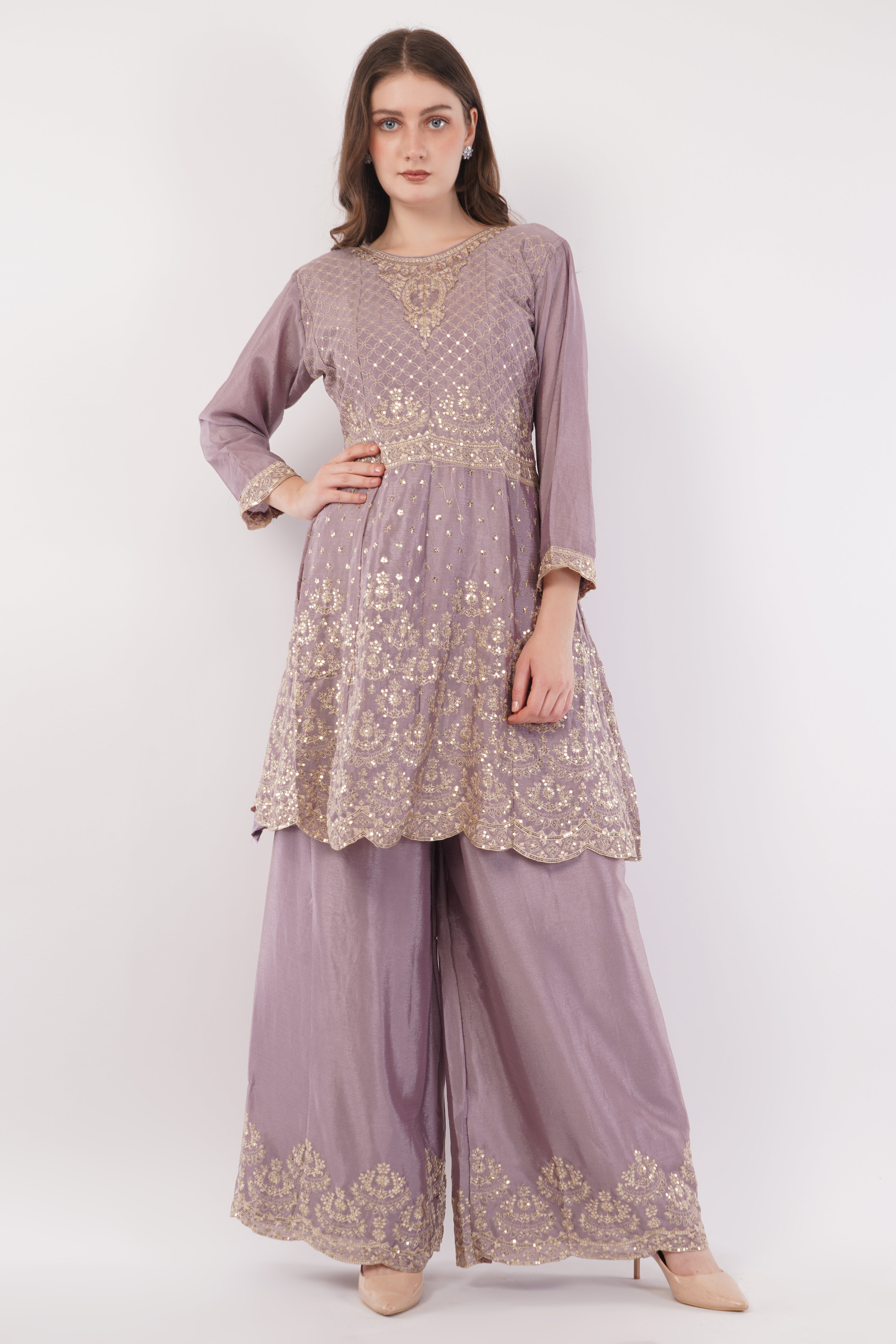 Lavender Embroidered Suit With Flared Pants & Dupatta - Set Of 3