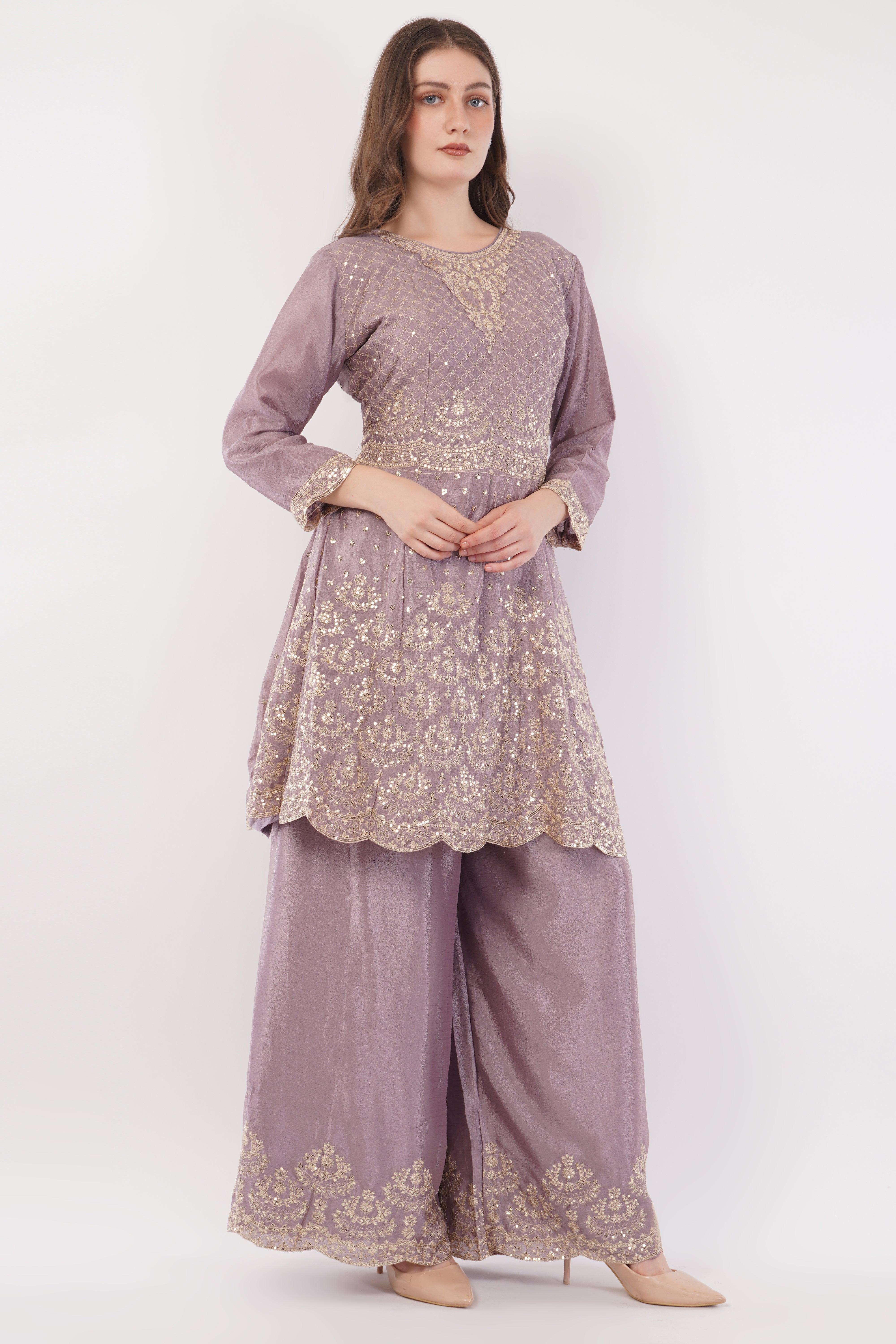 Lavender Embroidered Suit With Flared Pants & Dupatta - Set Of 3