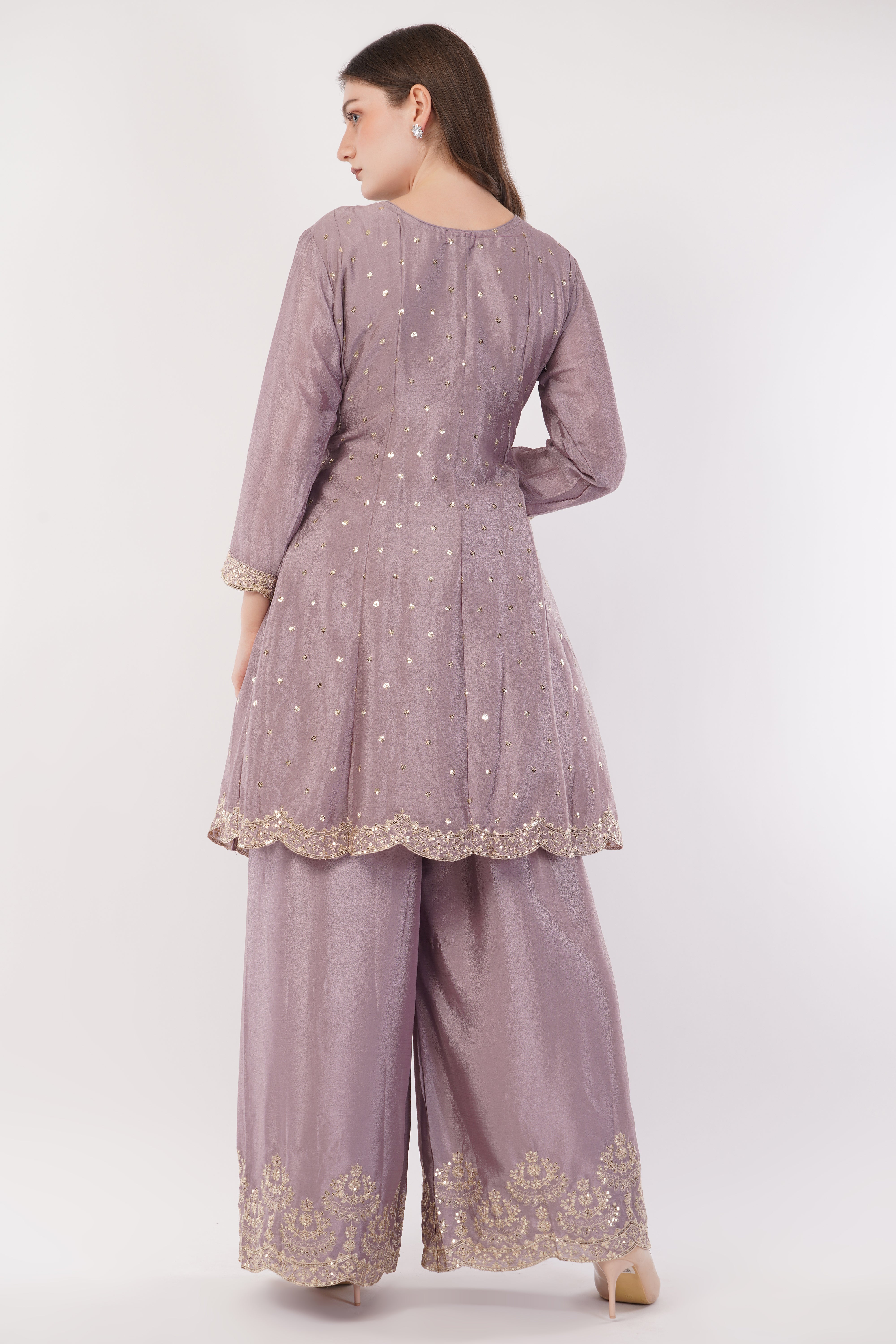 Lavender Embroidered Suit With Flared Pants & Dupatta - Set Of 3