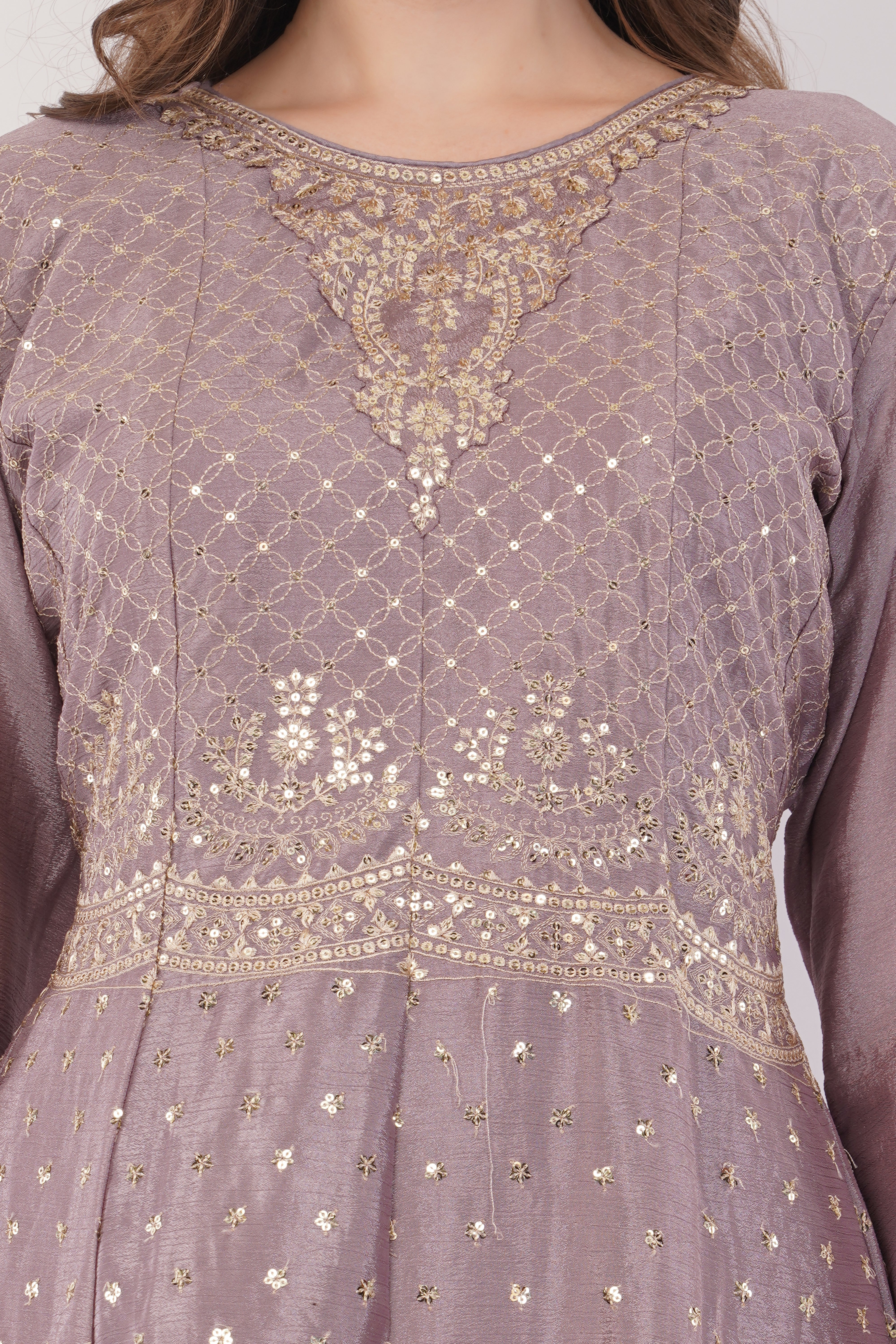 Lavender Embroidered Suit With Flared Pants & Dupatta - Set Of 3