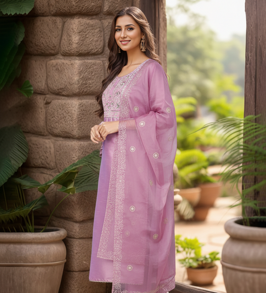 Lavender Silk Blend Straight Kurta Pant With Dupatta
