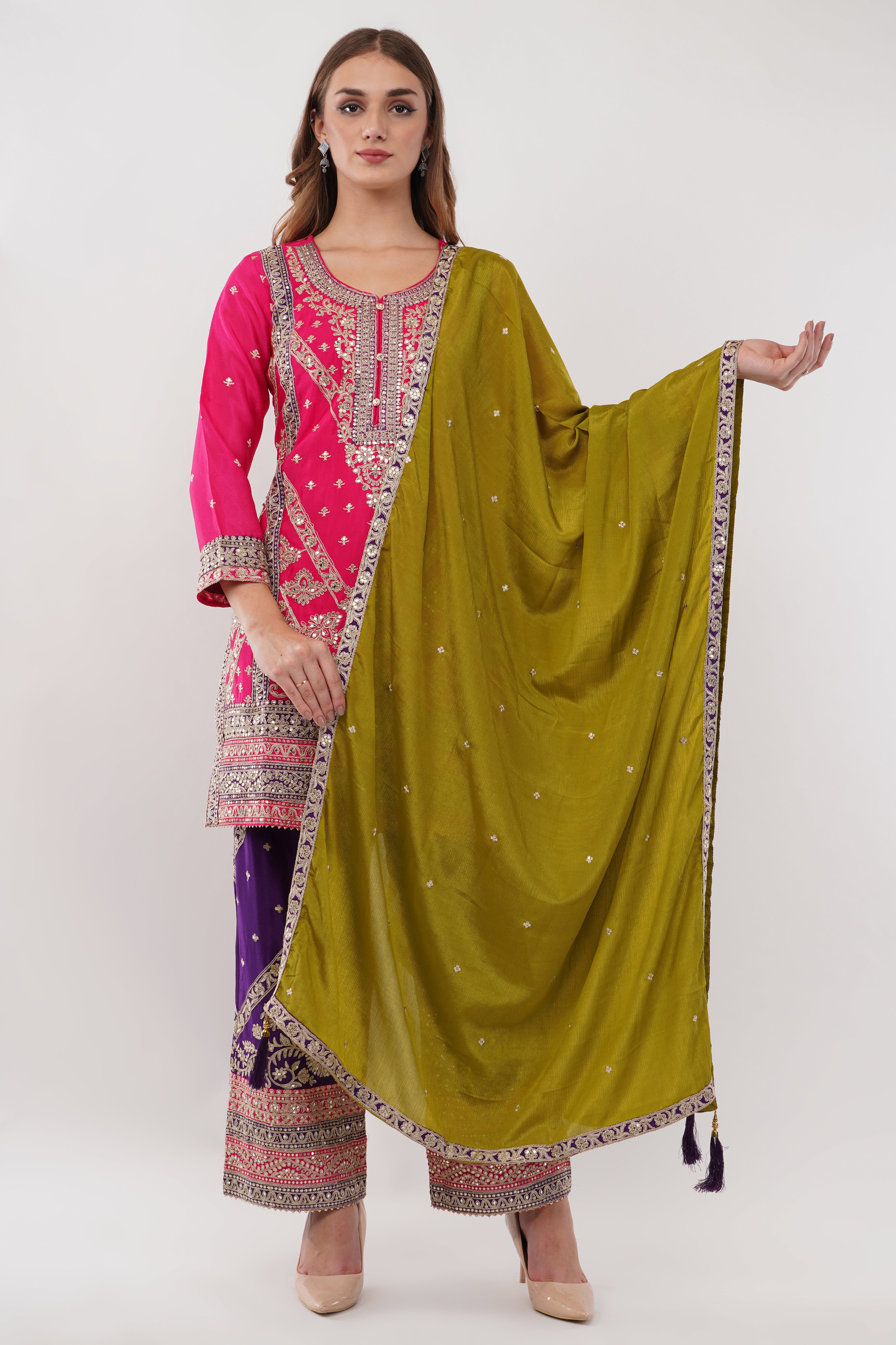 Multi-Color Suit Set With Embroidery - Set Of 3