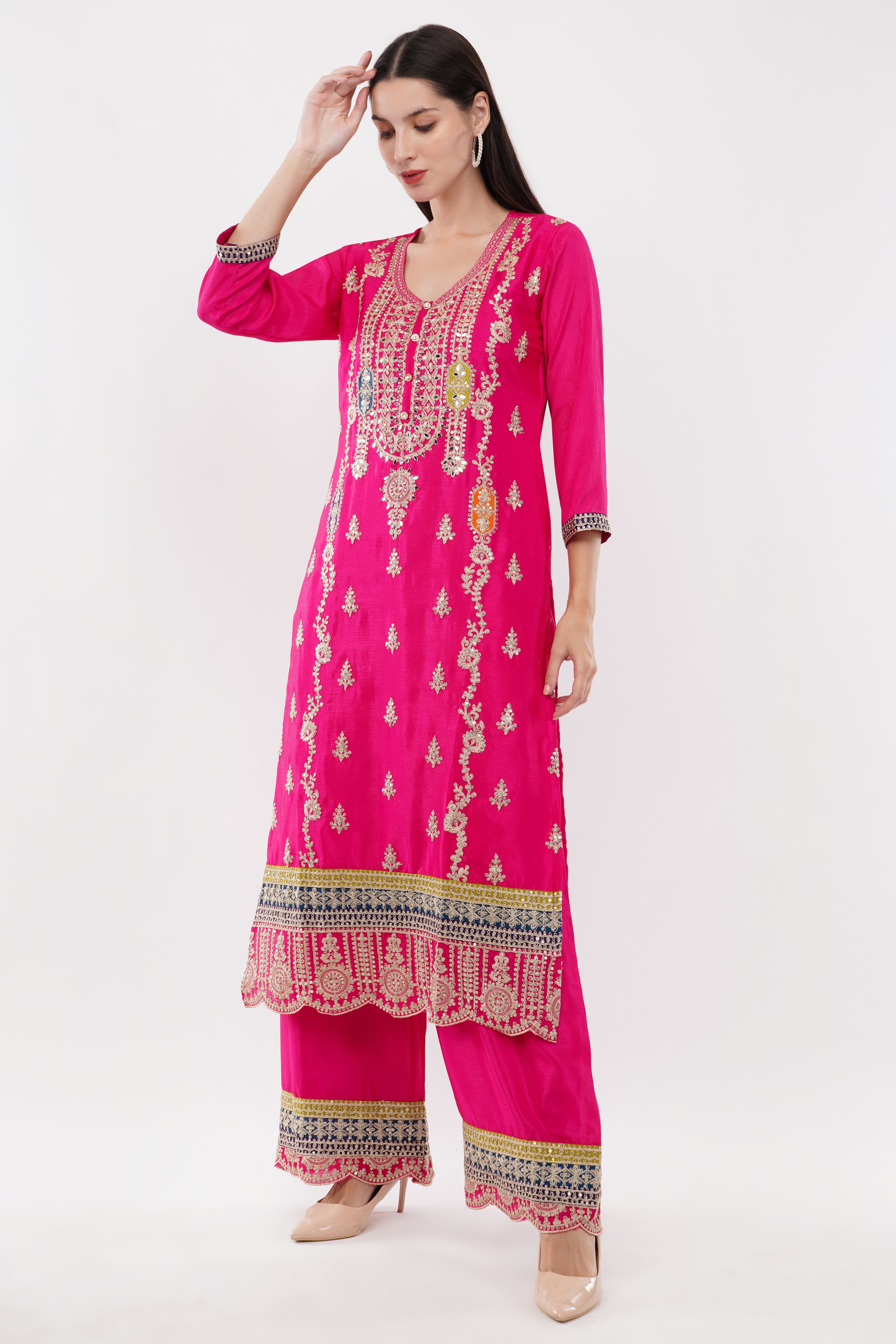 Magenta Chinon With Emboidery Work Suit - Set Of 3