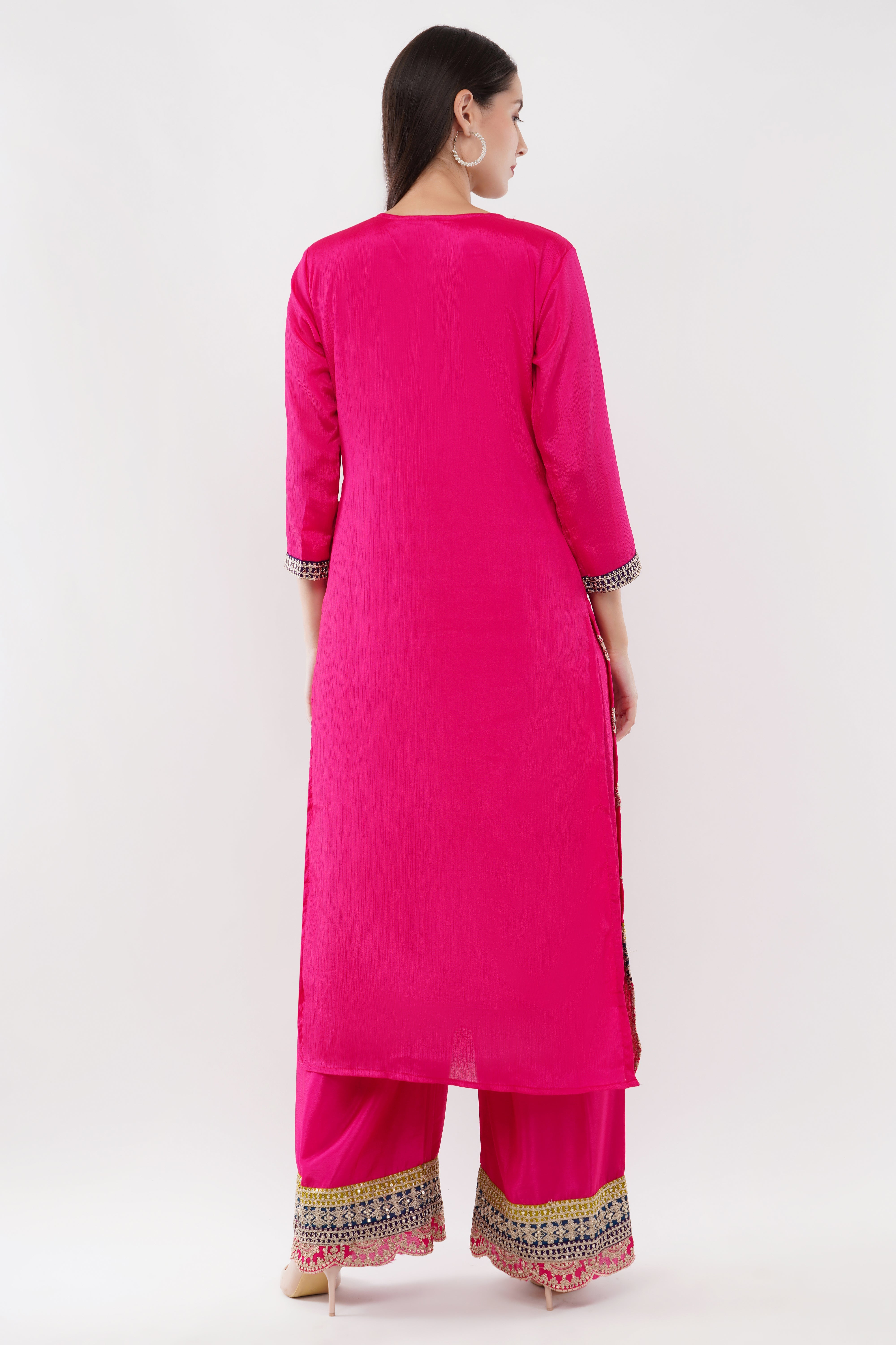 Magenta Chinon With Emboidery Work Suit - Set Of 3
