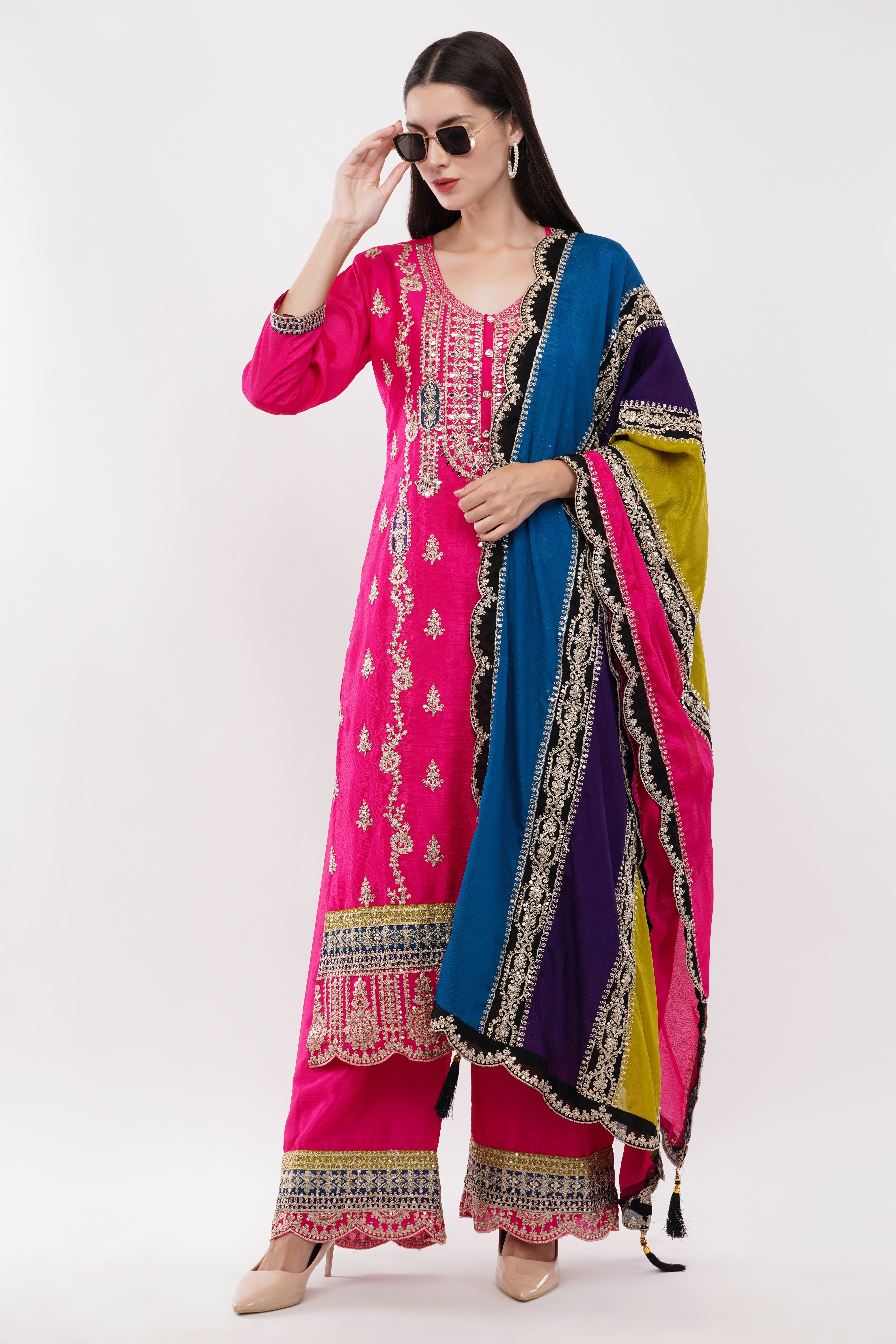 Magenta Chinon With Emboidery Work Suit - Set Of 3