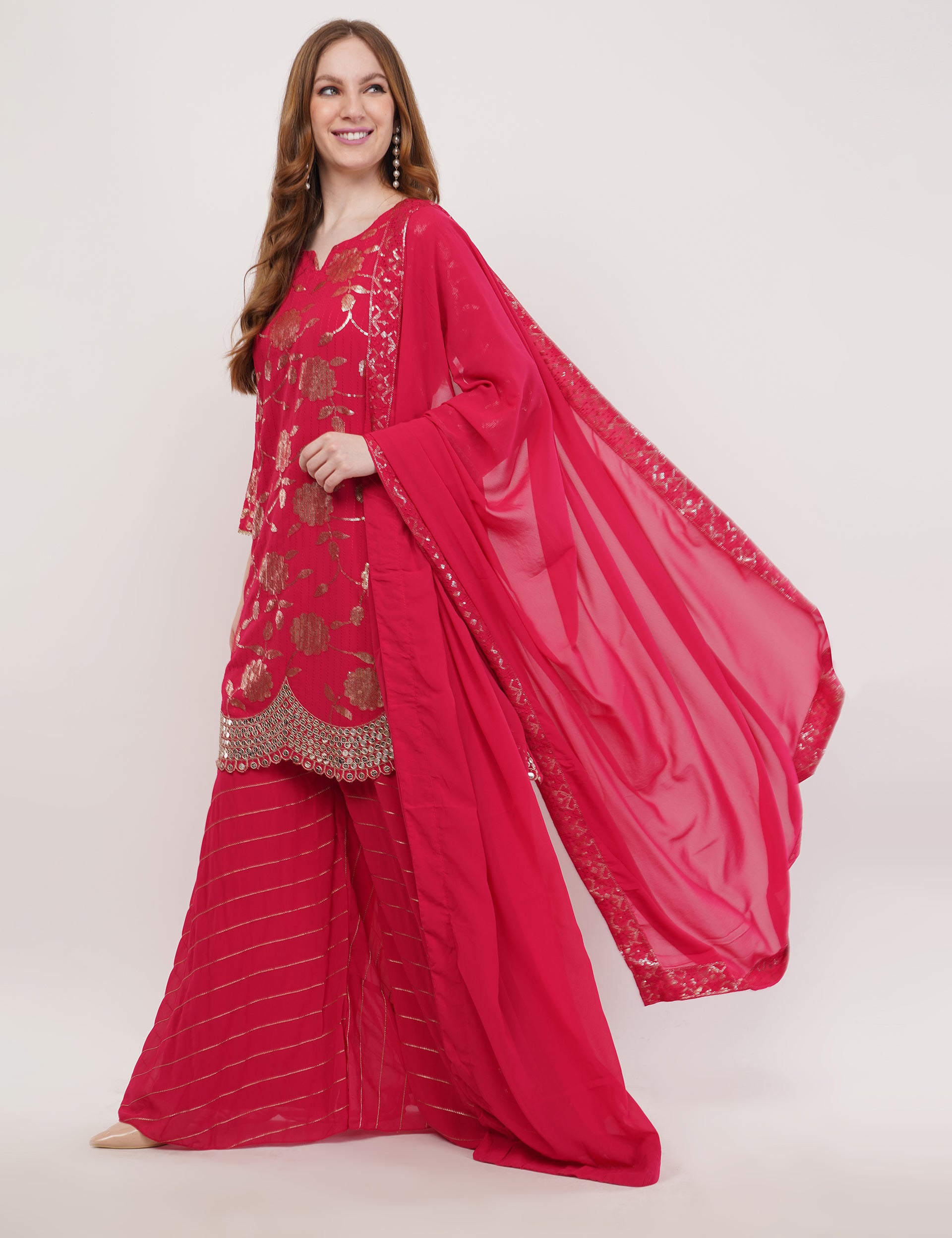 Jacquard Embroidered Tunic Set With Dupatta - Set Of 3