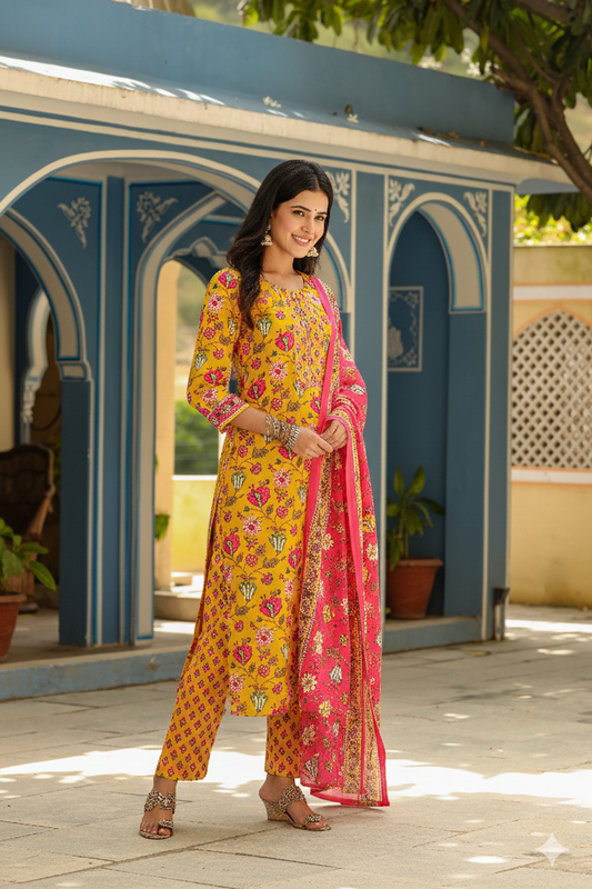 Mustard Rayon Blend Floral Print Suit Set