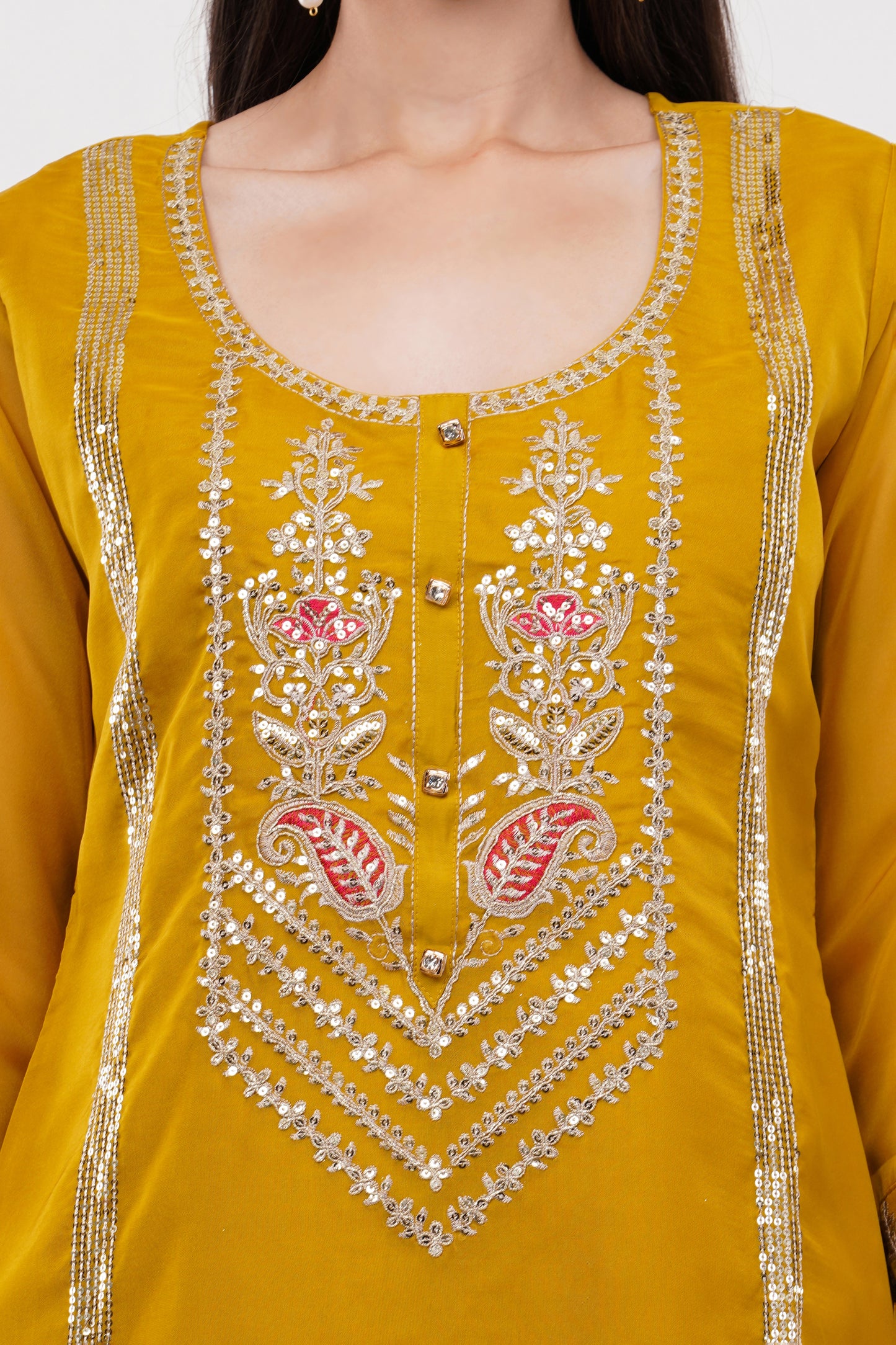 Mustard Embroidered Suit Set - Set Of 3