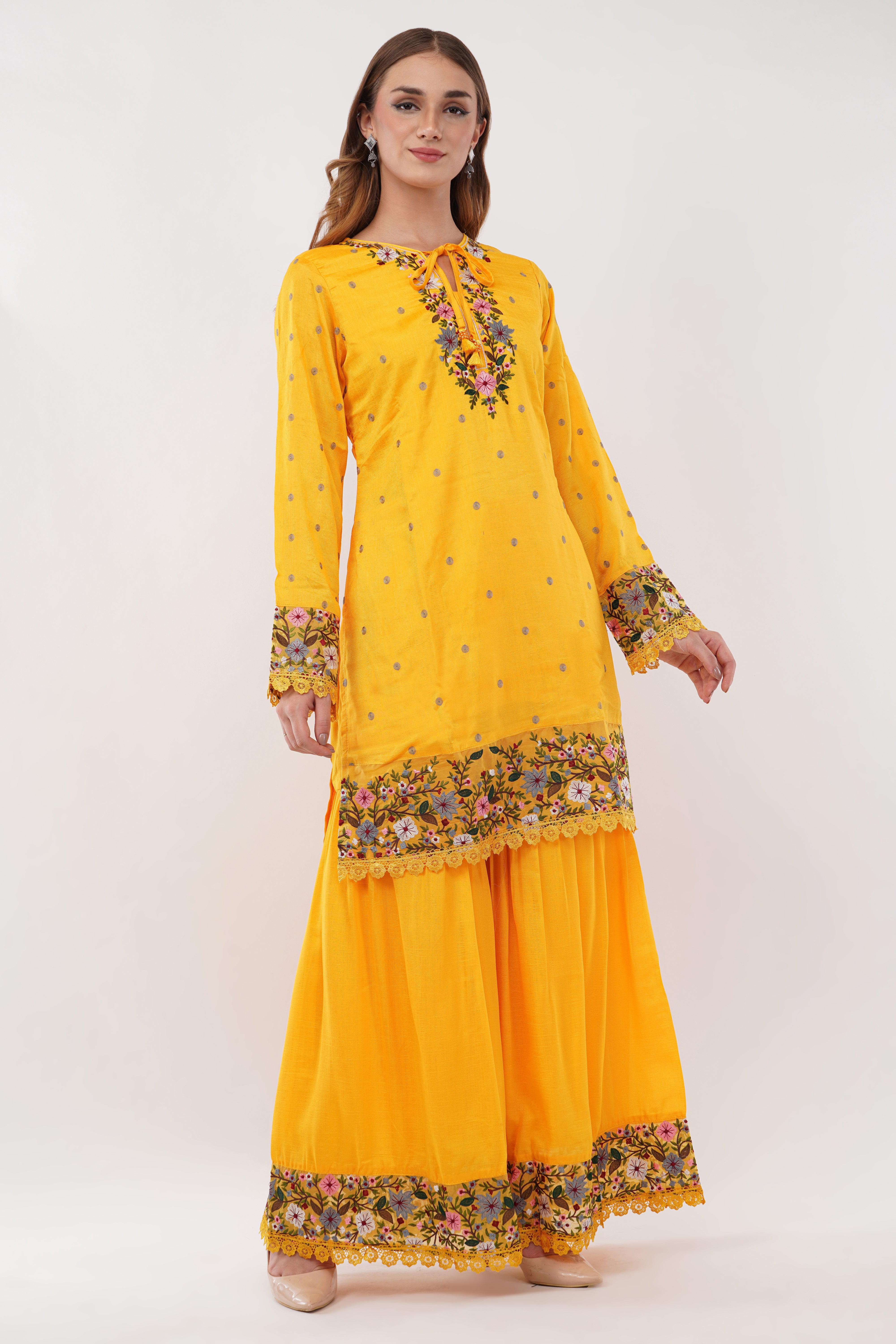 Mustard Embroidered Short Suit Set With Flared Sharara Pants - Set Of 3