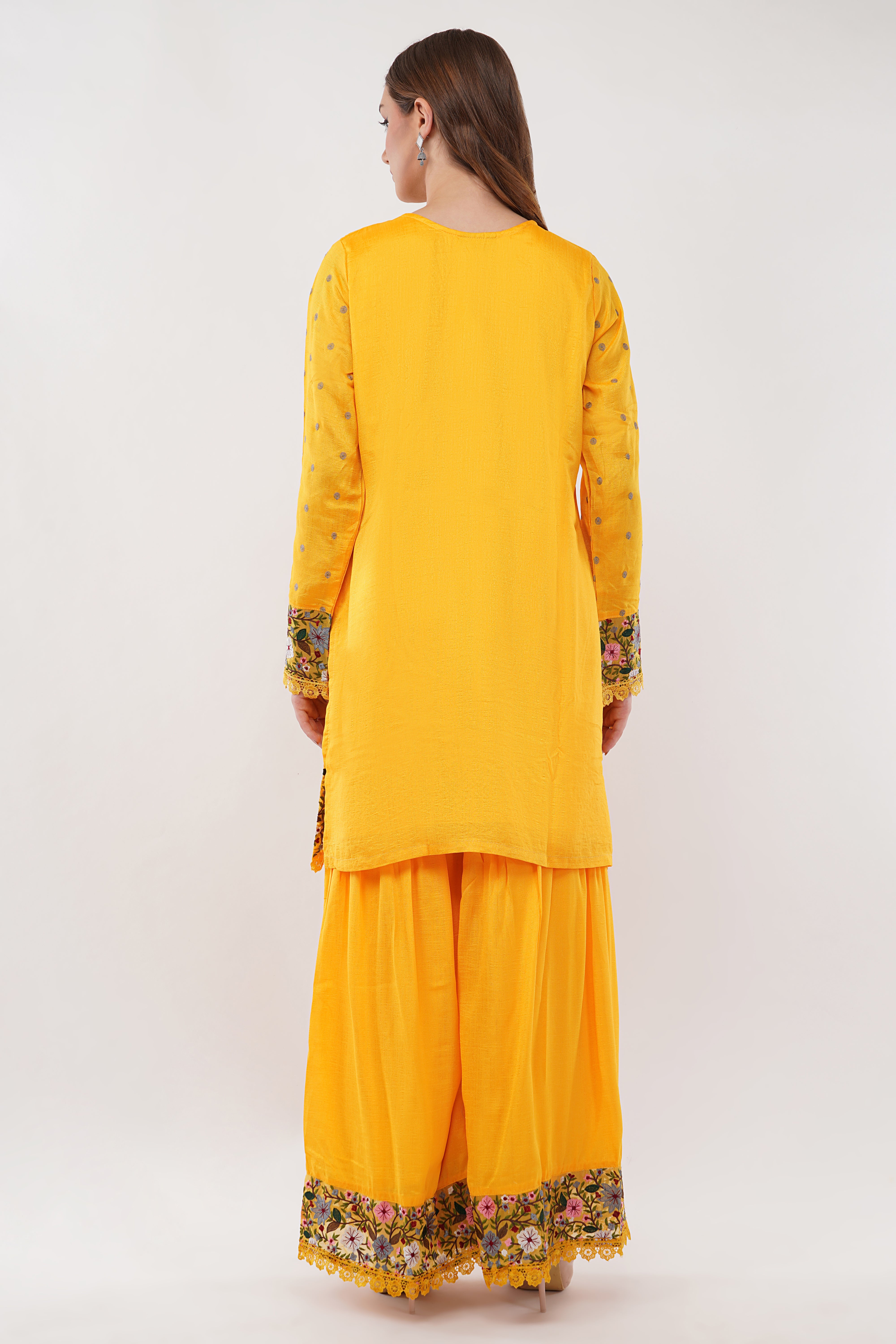 Mustard Embroidered Short Suit Set With Flared Sharara Pants - Set Of 3