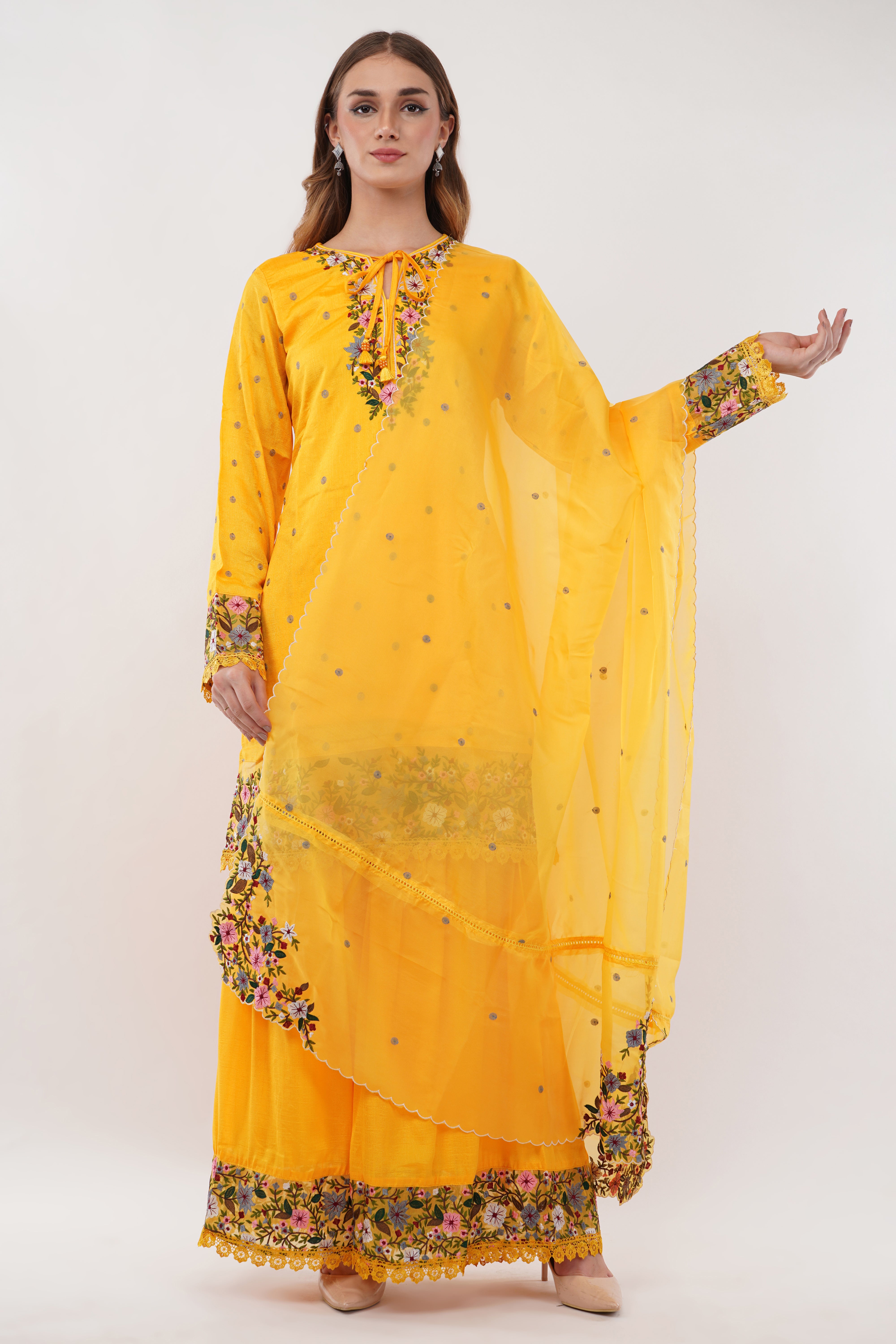Mustard Embroidered Short Suit Set With Flared Sharara Pants - Set Of 3