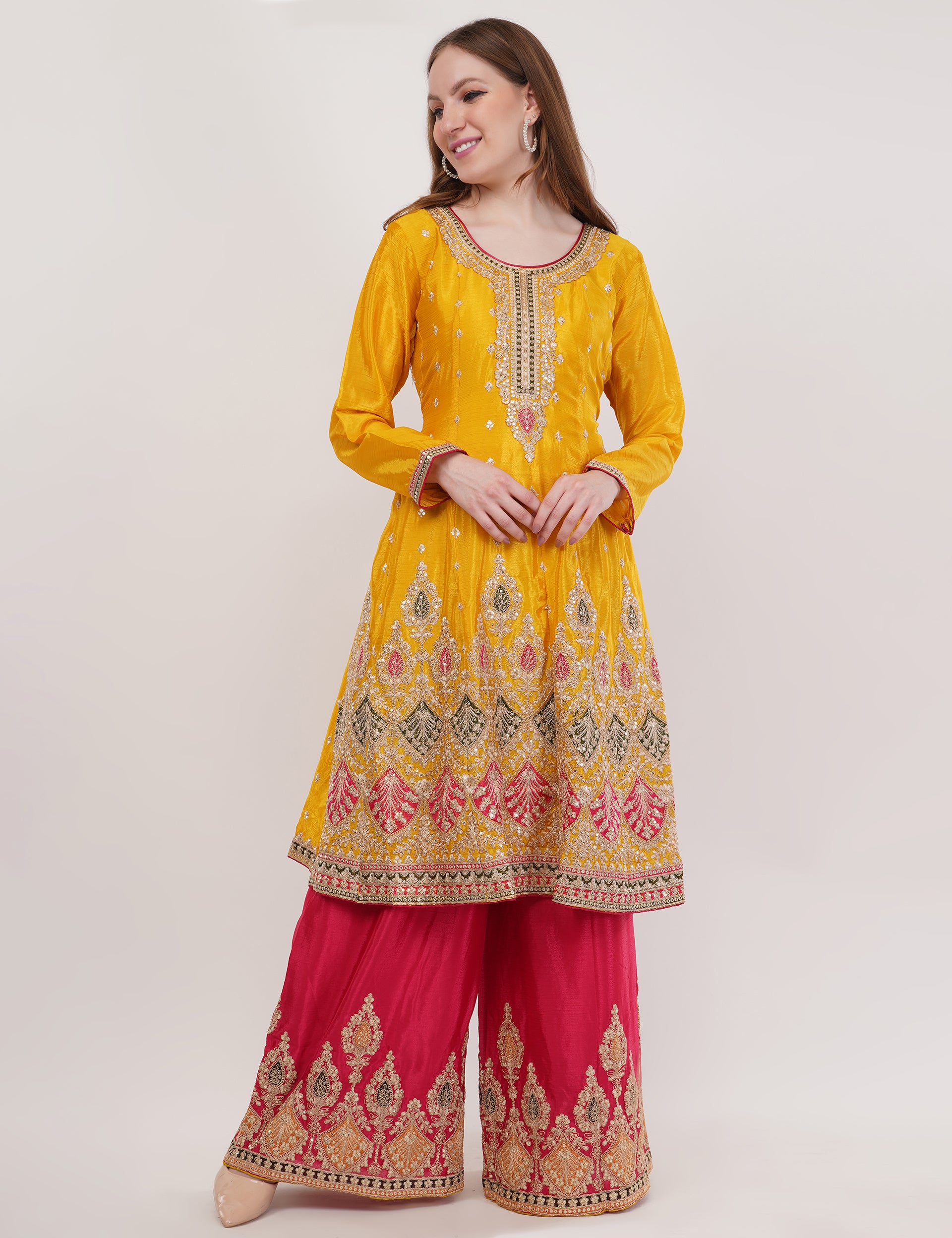 Mustard Embroidered Suit With Flared Pants & Dupatta - Set Of 3
