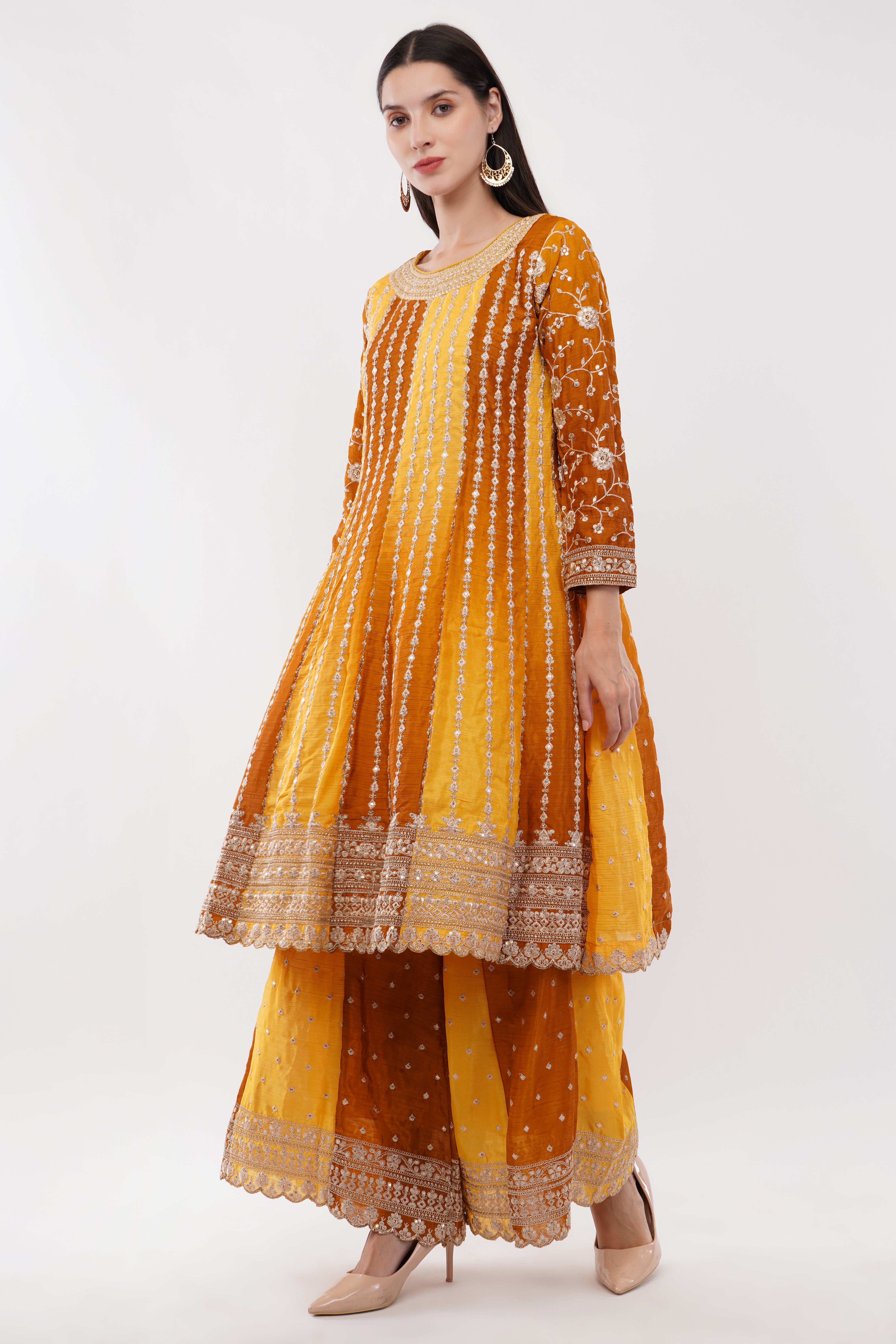 Mustard Chinon Fabric Embroidered Suit With Flared Pants & Dupatta - Set Of 3